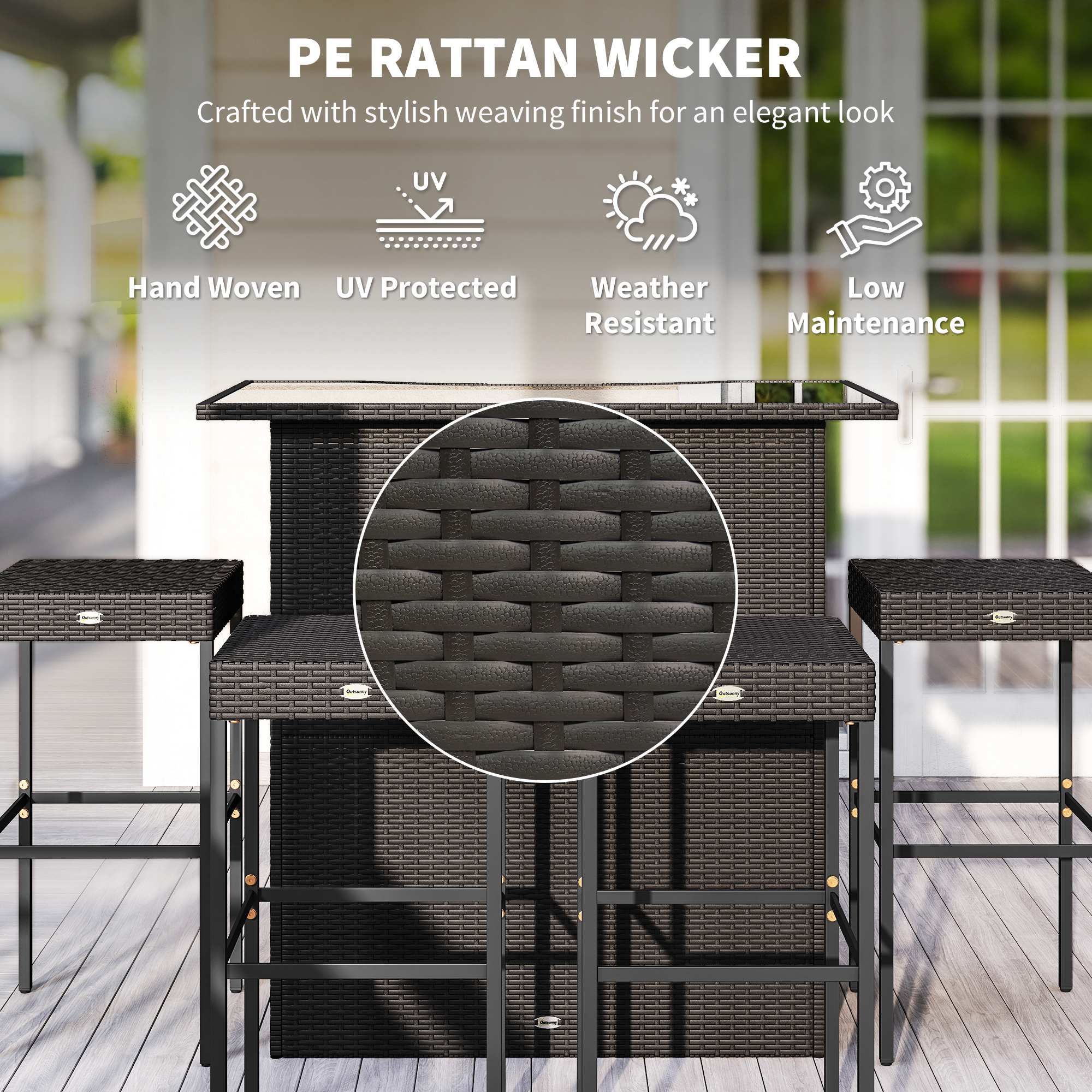 5 Piece Rattan Wicker Bar Set, High Top Outdoor Table and Chairs, Bar Height Patio Set, 2 Shelves & 4 Bar Stools