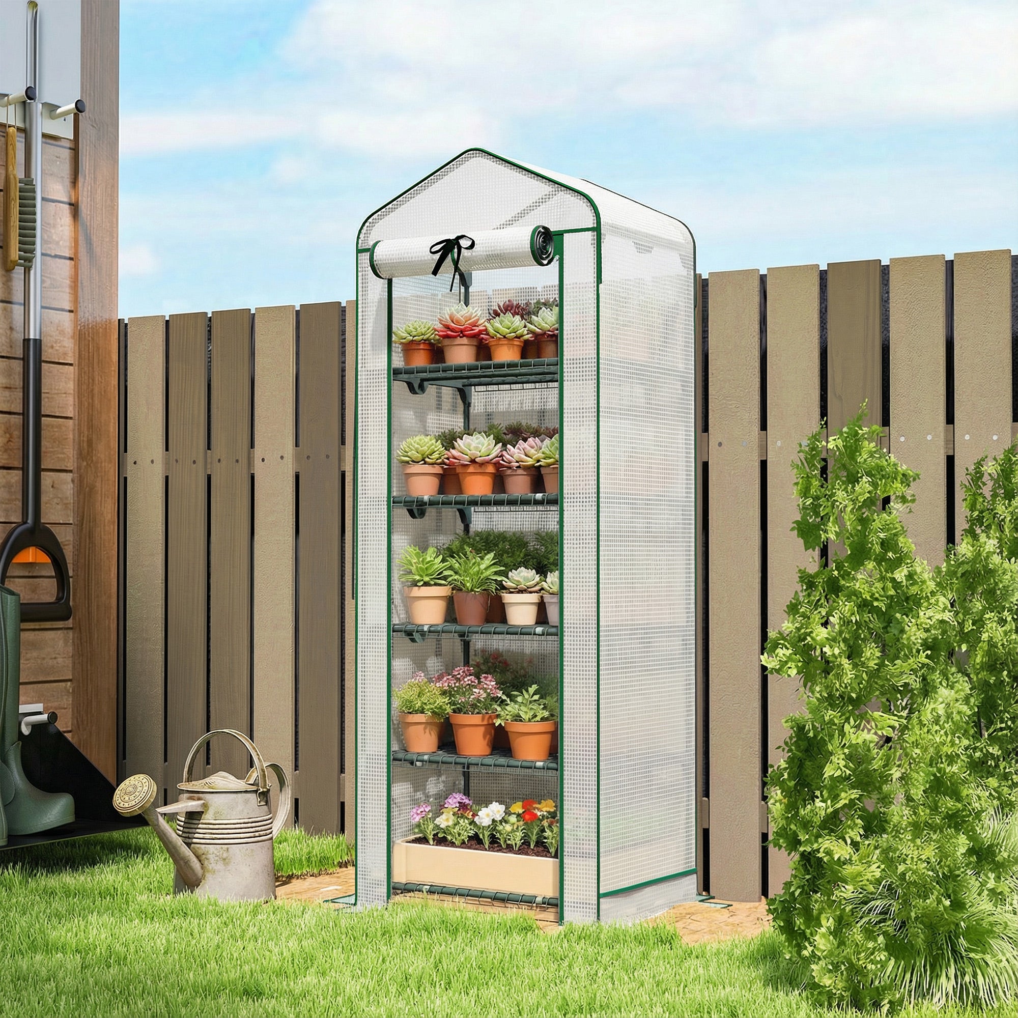 Mini Greenhouse with Screen Roof, 5 Tier Portable Small Greenhouse with High Strength PE Cover