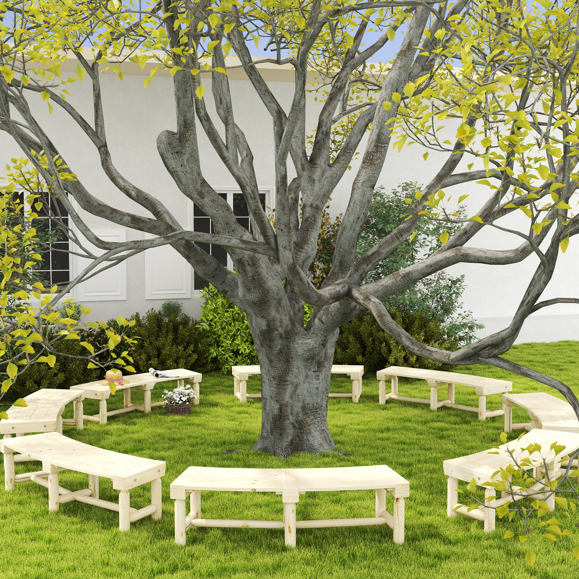 Wooden Garden Bench, Semicircular Round Outdoor Tree Bench, Wrap Around Park Bench for Yard, Patio, Deck, Lawn