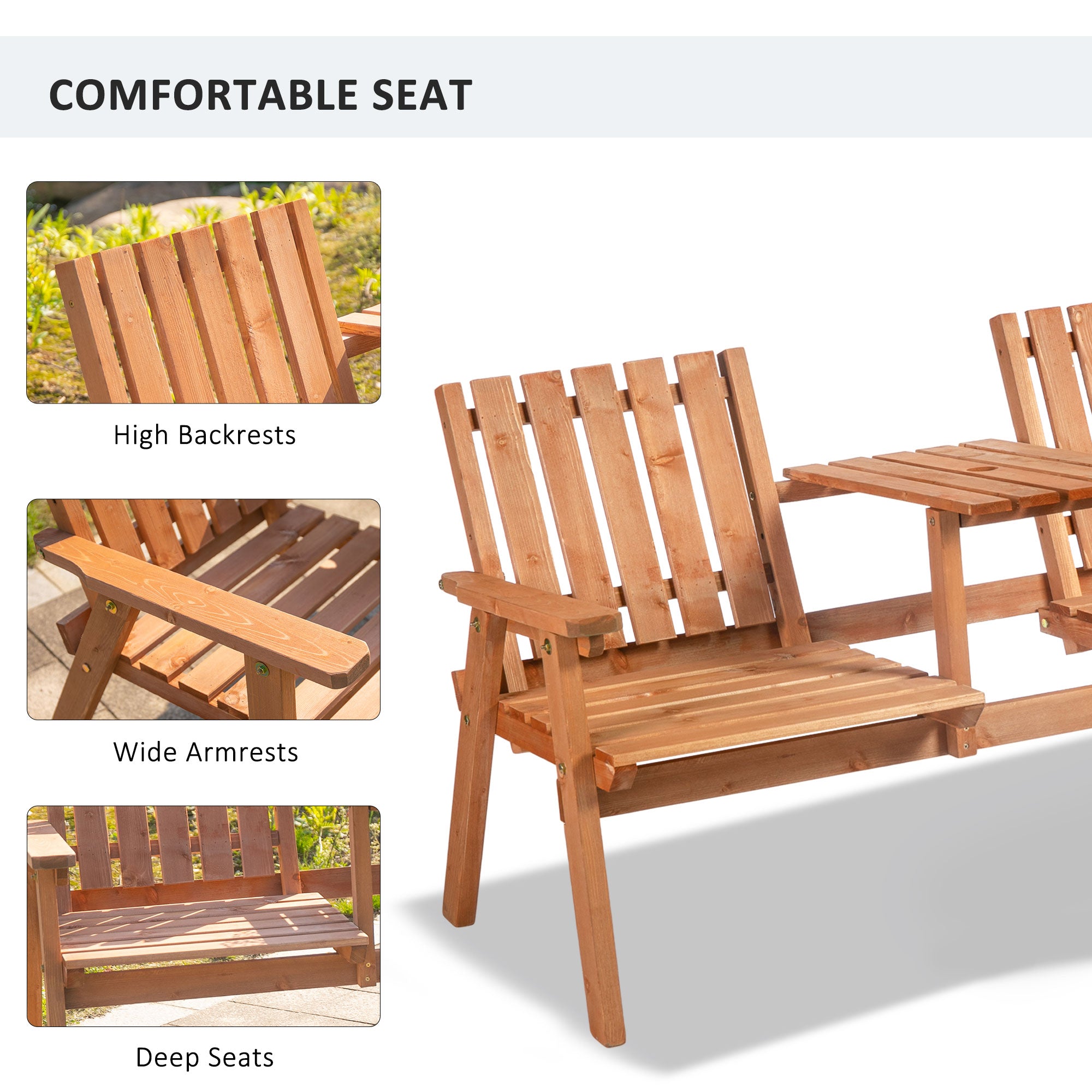 Patio Bench, Garden Bench with Middle Table and Umbrella Hole, Wooden Outdoor Bench for Patio, Porch, Poolside, Balcony