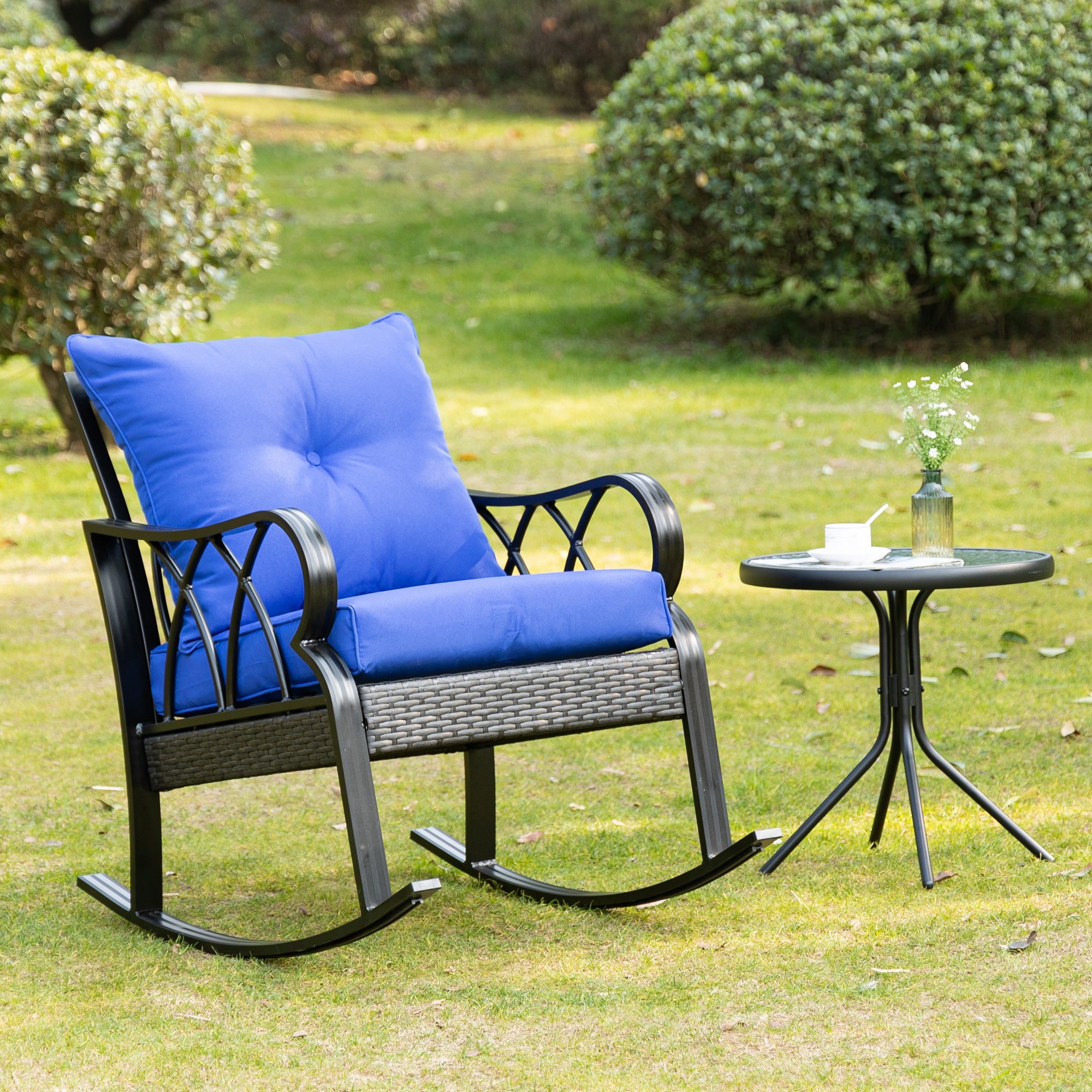 Outdoor Wicker Rocking Chair with Padded Cushions, Aluminum Furniture Rattan Porch Rocker Chair w/ Armrest for Garden, Patio, and Backyard