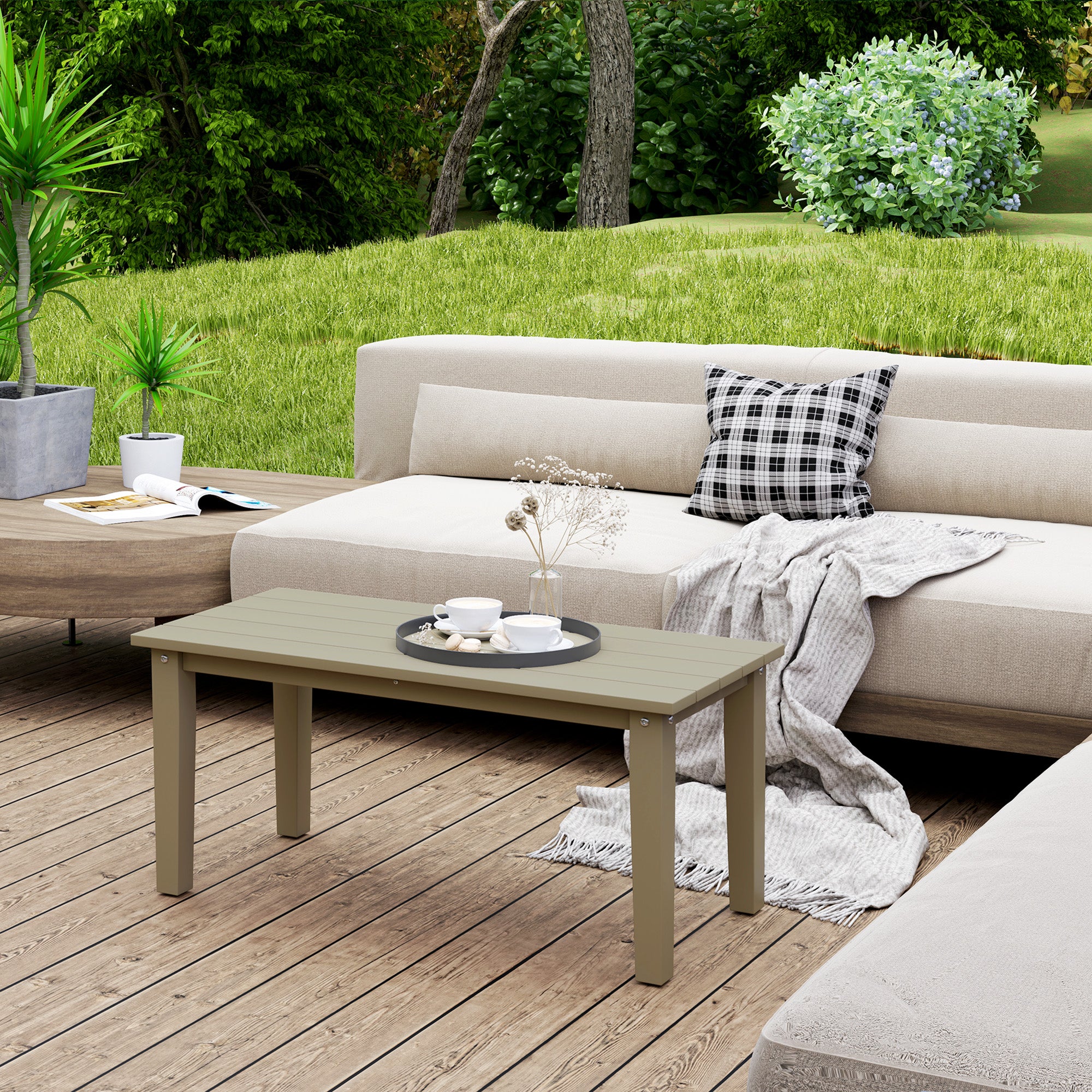 Rectangle Outdoor Coffee Table, HDPE All-Weather Outdoor Patio Table with Slatted Tabletop for Yard, Balcony