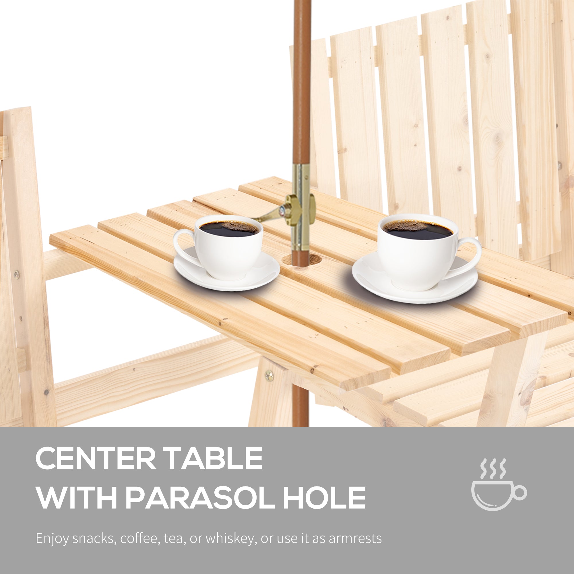 Patio Bench, Garden Bench with Middle Table and Umbrella Hole, Wooden Outdoor Bench for Patio, Porch, Poolside, Balcony