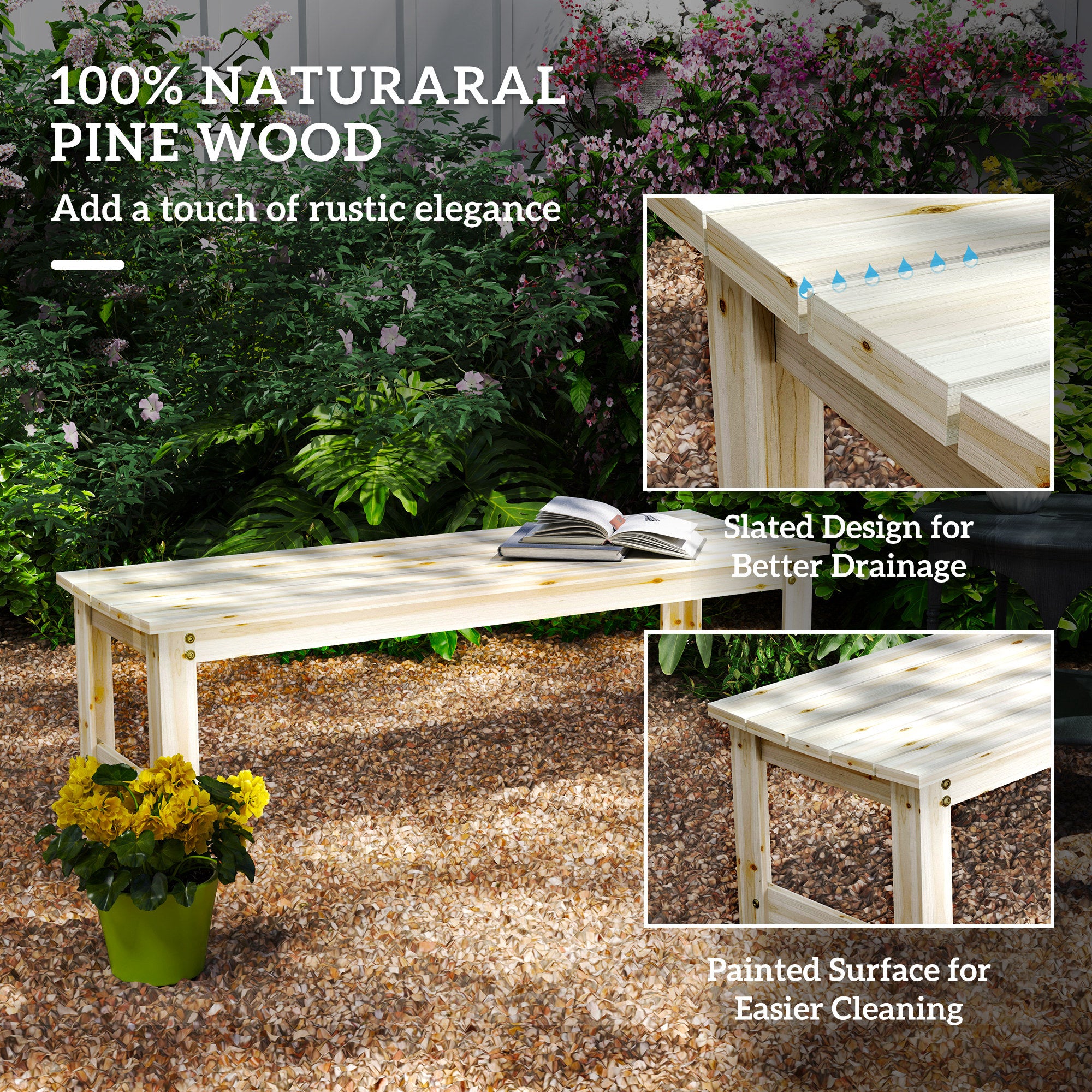2-Seat Wood Garden Bench, Patio Bench Outdoor Bench with Slatted Seat, Backless Front Porch Bench for Park, Garden, Poolside, Deck