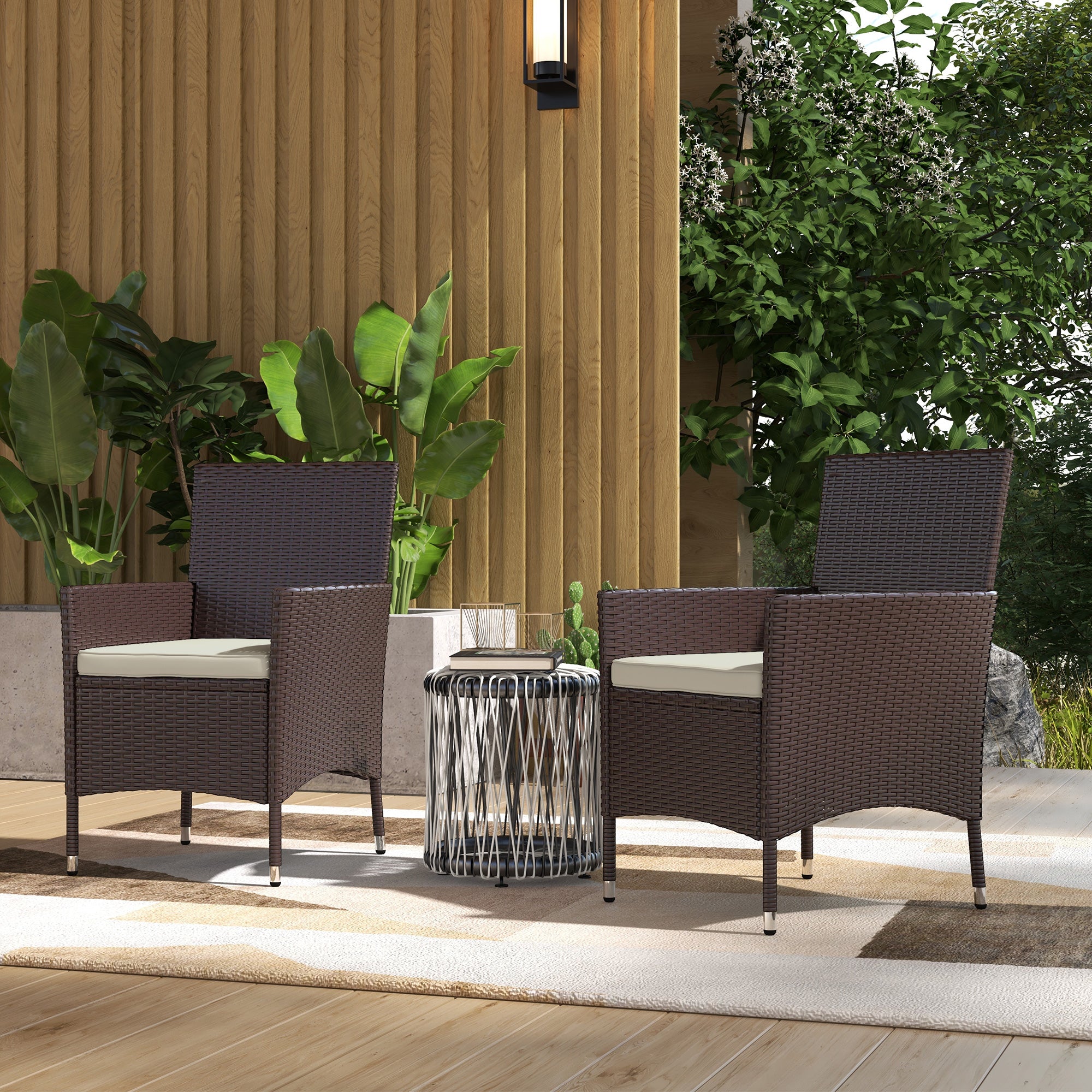 2 PCS Rattan Wicker Dining Chairs with Cushions and Anti-Slip Foot, Patio Stackable Chairs Set for Backyard, Garden, Lawn, Dark Coffee