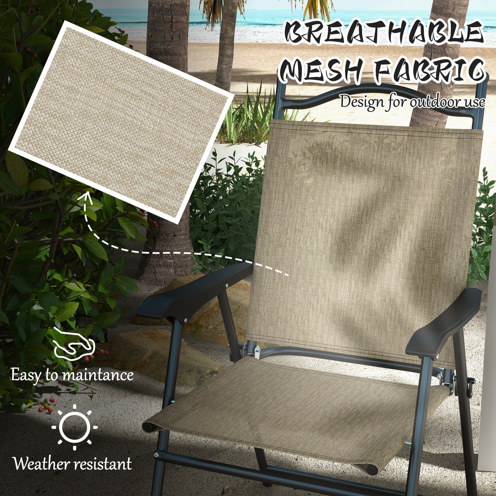 4 Piece Folding Patio Camping Chair Set, Sports Chairs for Adults with Armrests, Mesh Fabric Seat for Lawn, Beige
