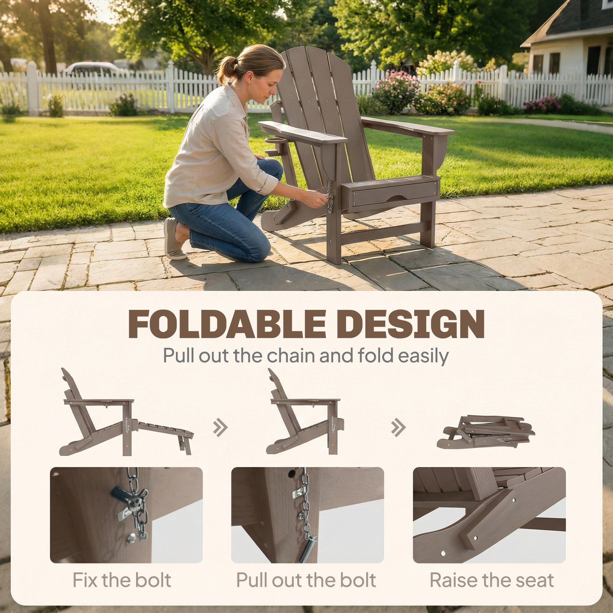 Folding Adirondack Chair Set of 2, HDPE Fire Pit Chair with Retractable Ottoman and Cup Holder