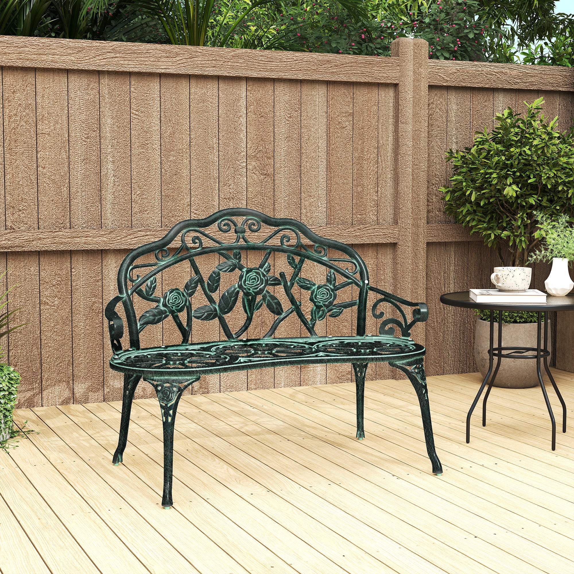 Outdoor Bench, Cast Aluminum Outdoor Furniture, Metal Bench with Floral Rose Accent & Antique Finish, Green