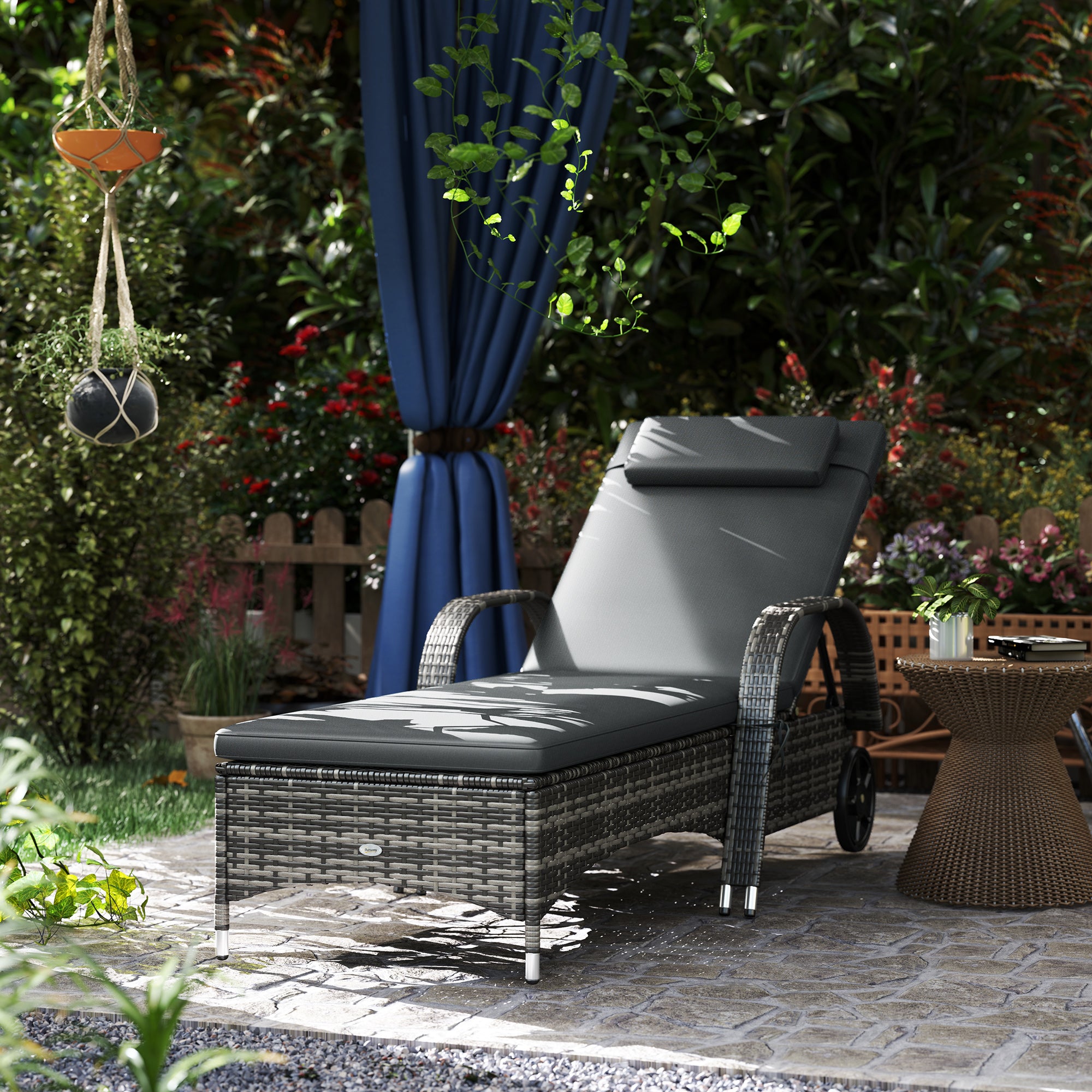 Outdoor Chaise Lounge, 5-Level Adjustable Backrest Rattan Pool Lounge Chair with Wheels, Cushion & Headrest