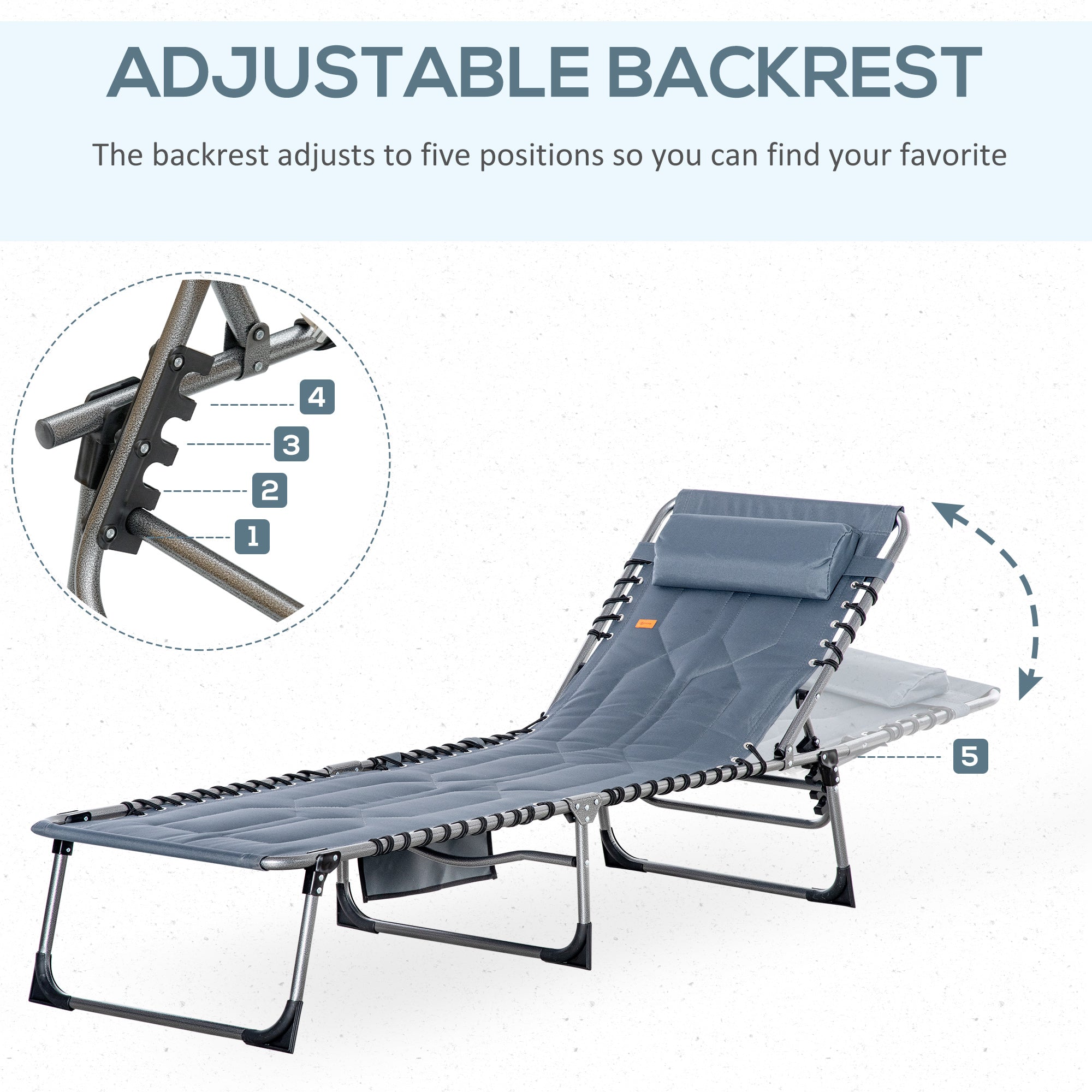 Padded Folding Chaise Lounge Chair, Outdoor 6-Level Reclining Camping Tanning Chair with Headrest for Beach, Yard, Patio, Pool