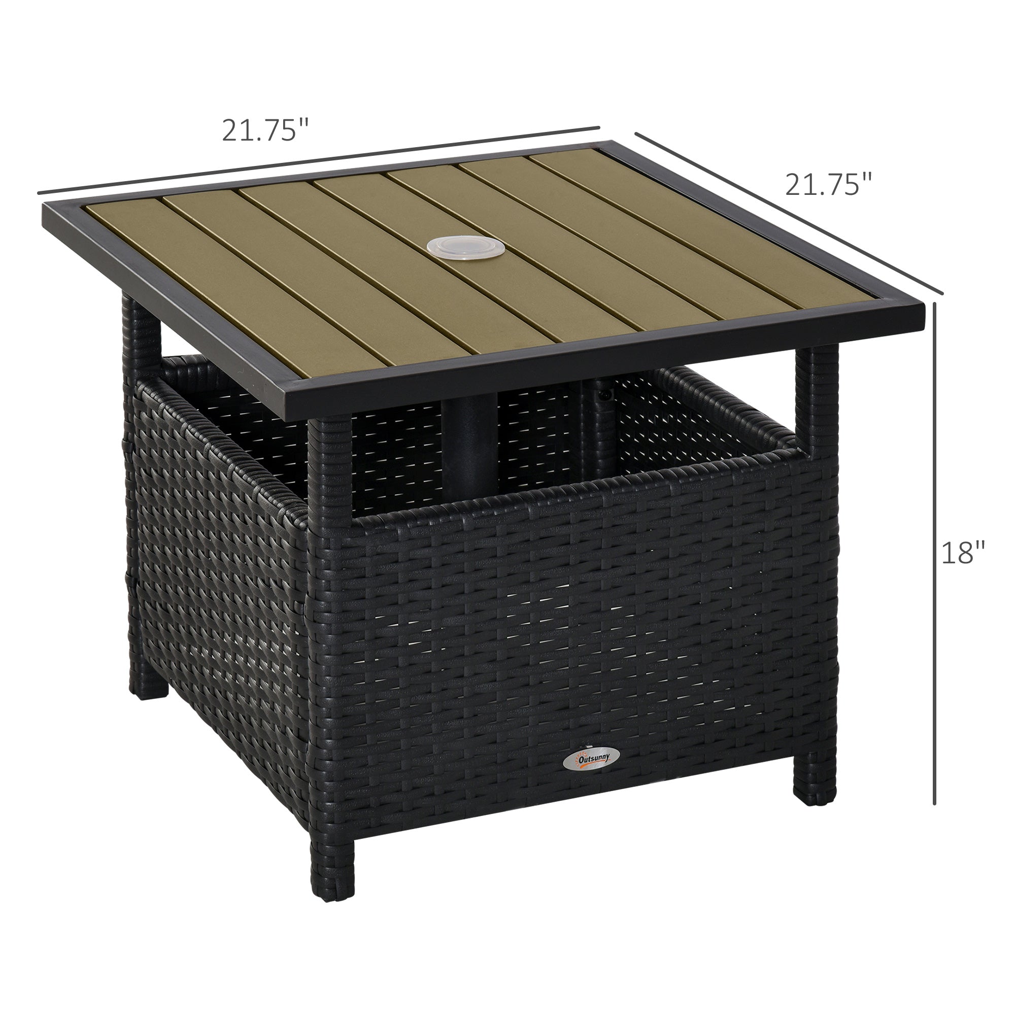 22" Outdoor Side Table with Umbrella Hole, Rattan Wicker End Table with Sand Bag and Steel Frame for Patio, Garden, Backyard