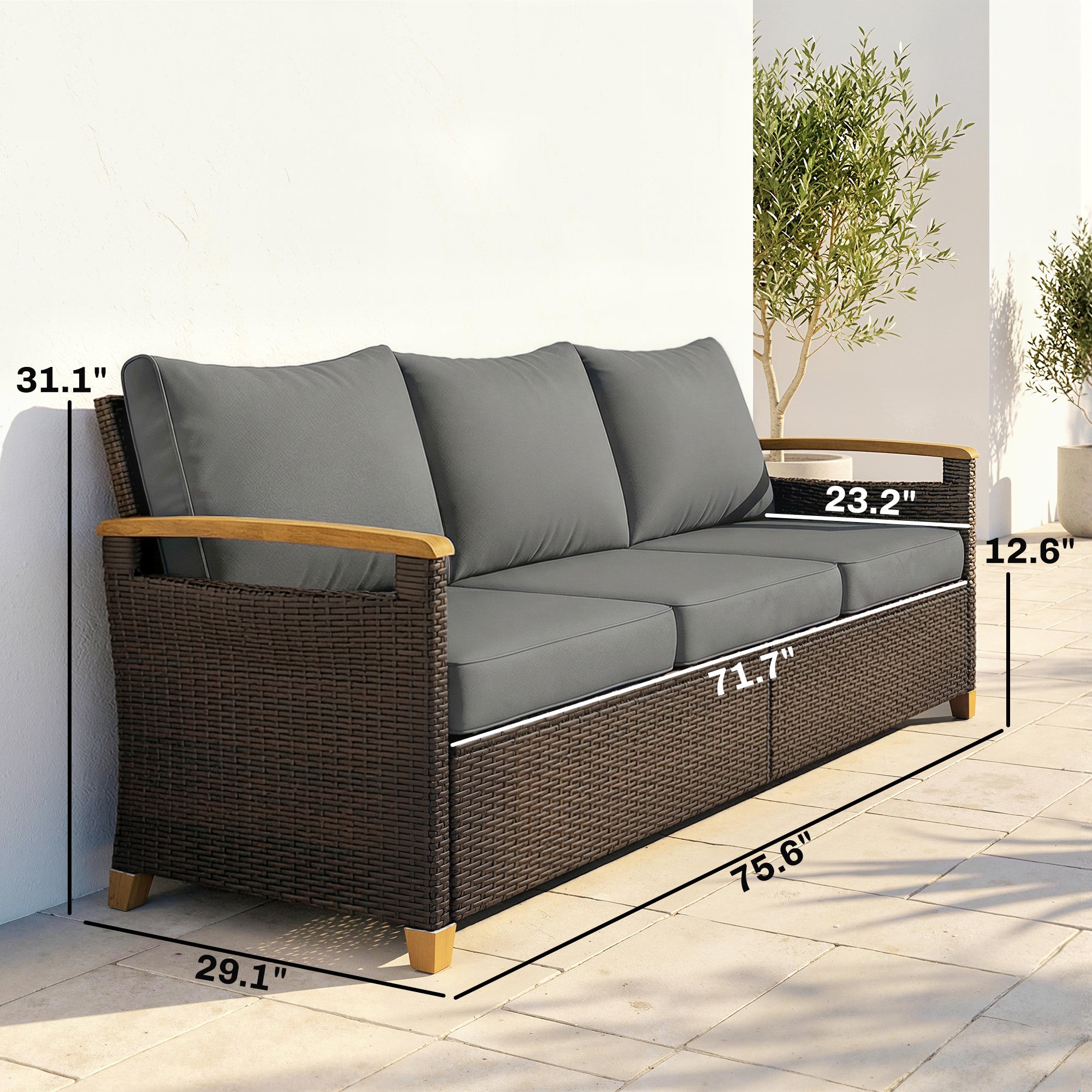 3 Seater Outdoor Couch Sofa, PE Wicker Patio Sofa, Wide Deep Seat, 4" Cushions, Wood-Effect Armrests Legs