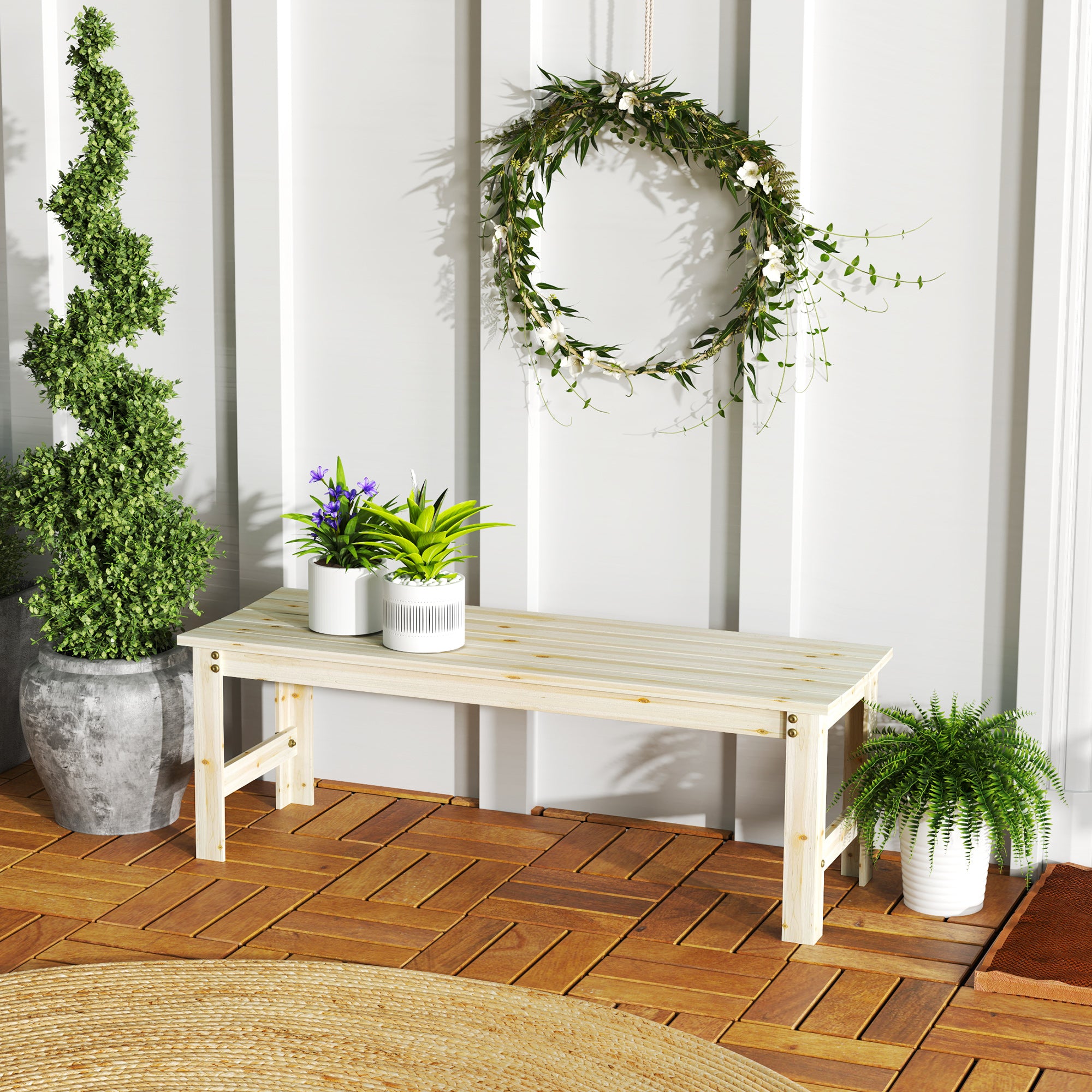 2-Seat Wood Garden Bench, Patio Bench Outdoor Bench with Slatted Seat, Backless Front Porch Bench for Park, Garden, Poolside, Deck