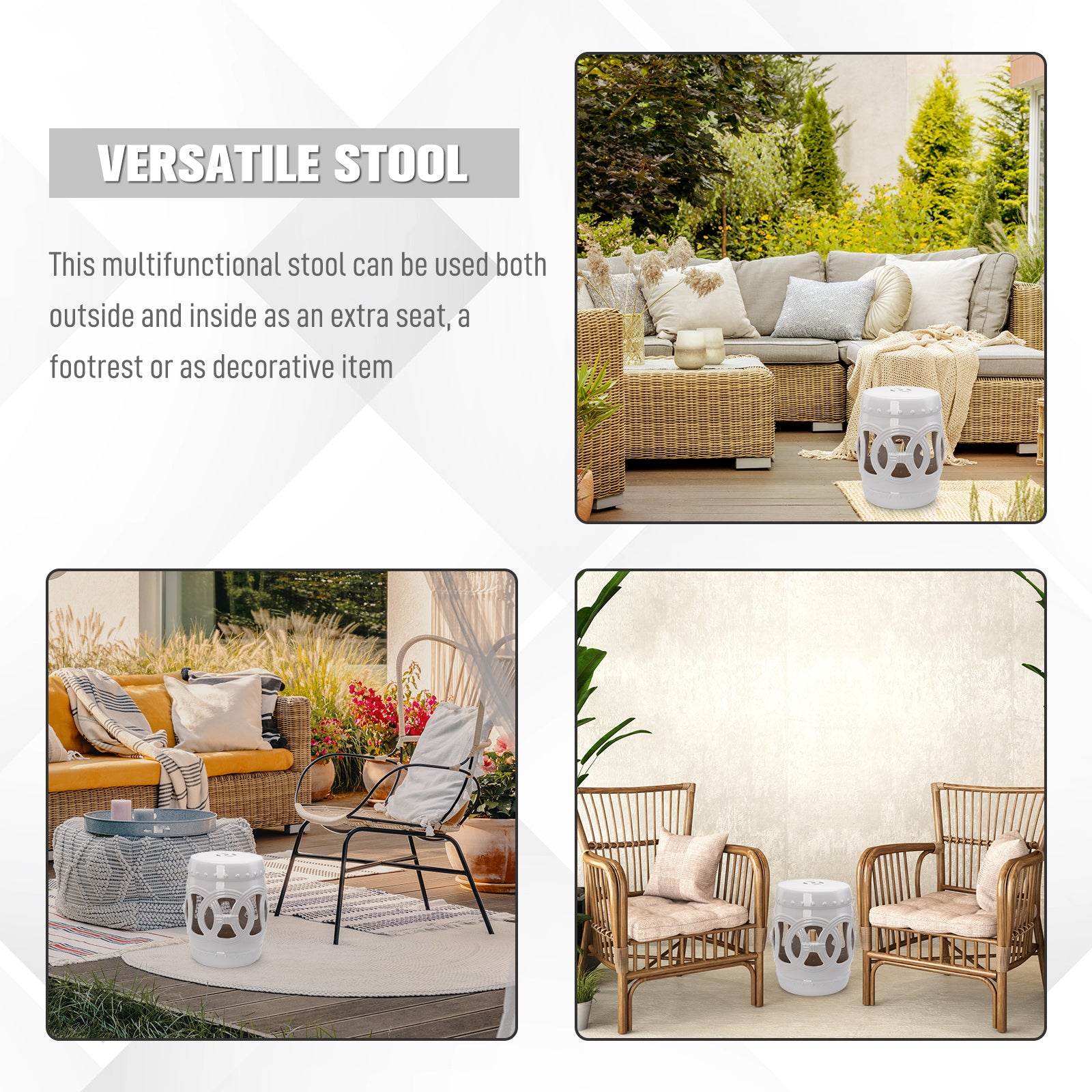 14" x 17" Ceramic Garden Stool with Double-Coin Knotted Ring Design & Strong Glazed Material, Decorative End Table, Home Collection