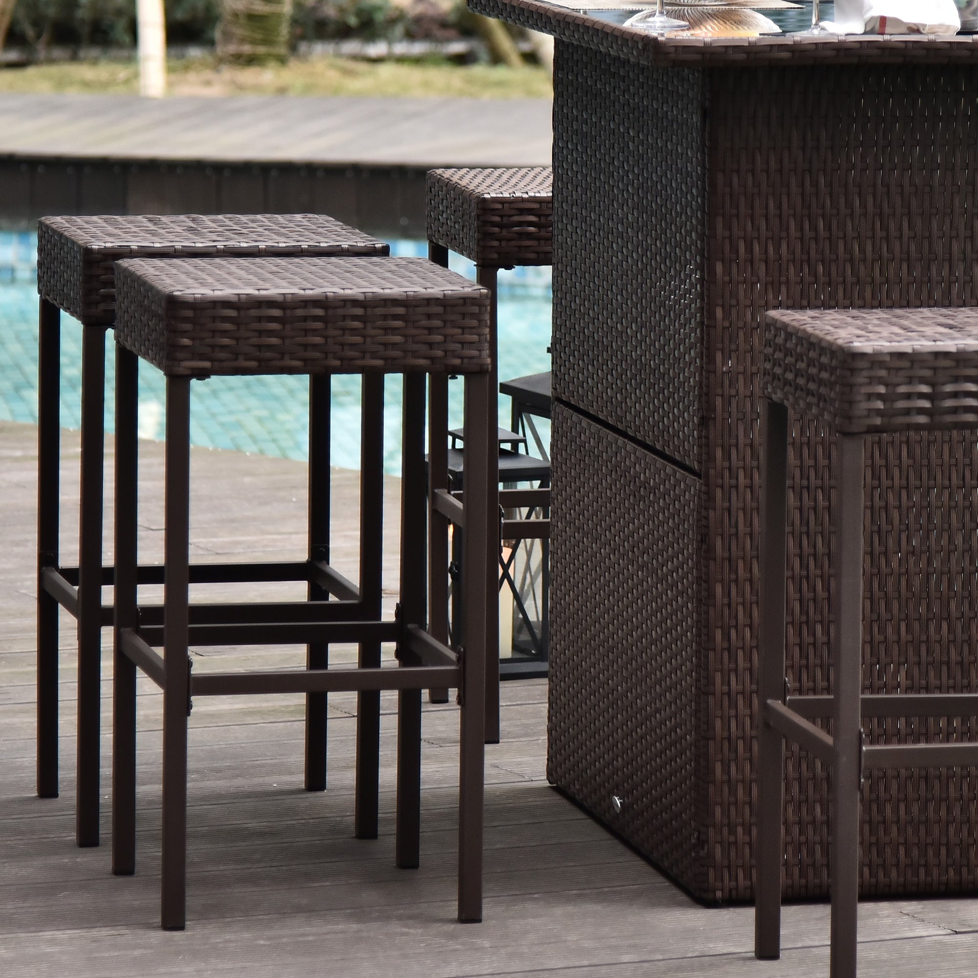 5 Piece Wicker Outdoor Bar Set, High Top Outdoor Table and Chairs, Height Patio Set with Glass Table Top 2 Tier Storage Shelf and 4 Bar Stools for Garden, Poolside, Dark Brown