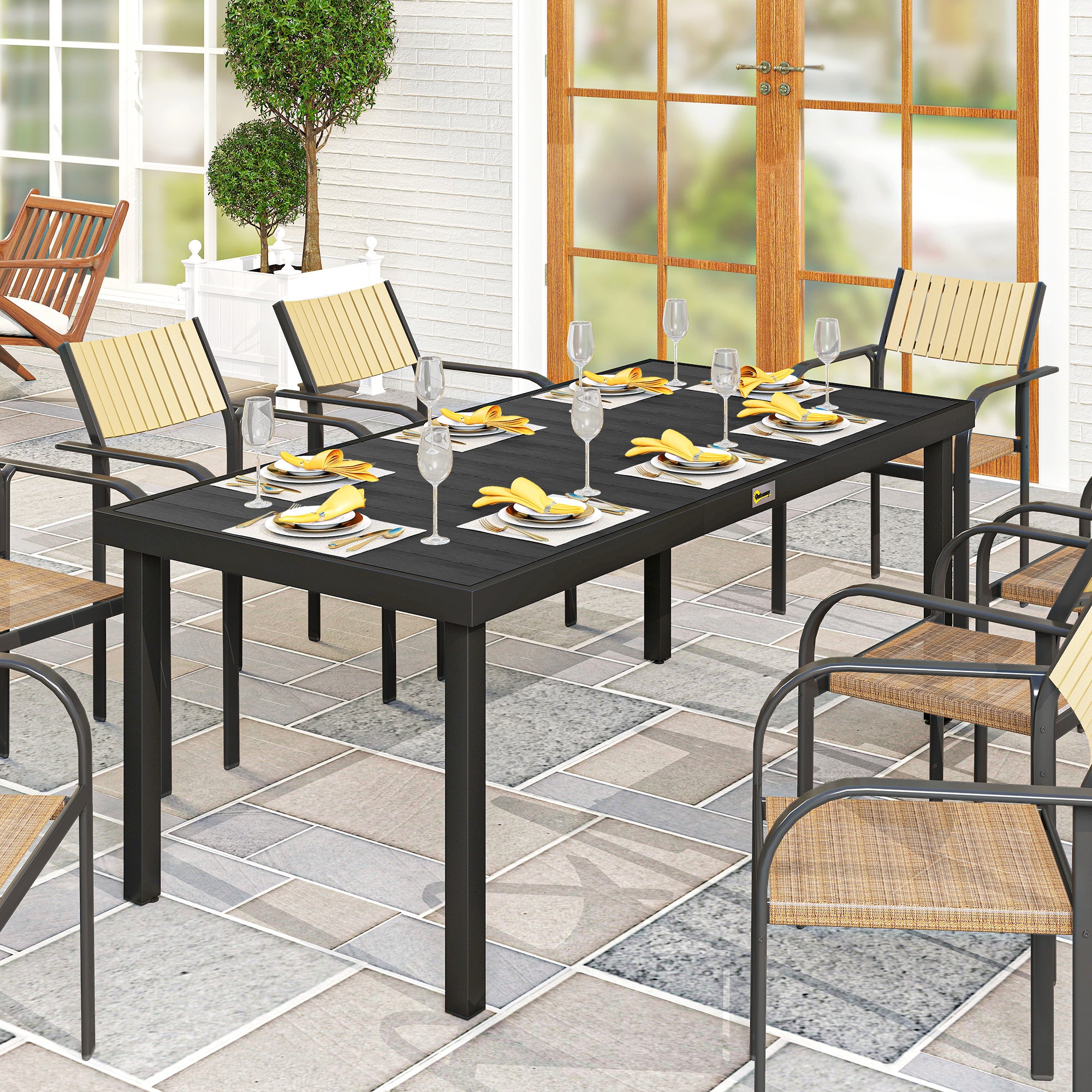 75" x 35" Outdoor Dining Table for 8 People, Rectangular Aluminum Frame Garden Table with All-Weather Faux Wood Top for Lawn, Patio