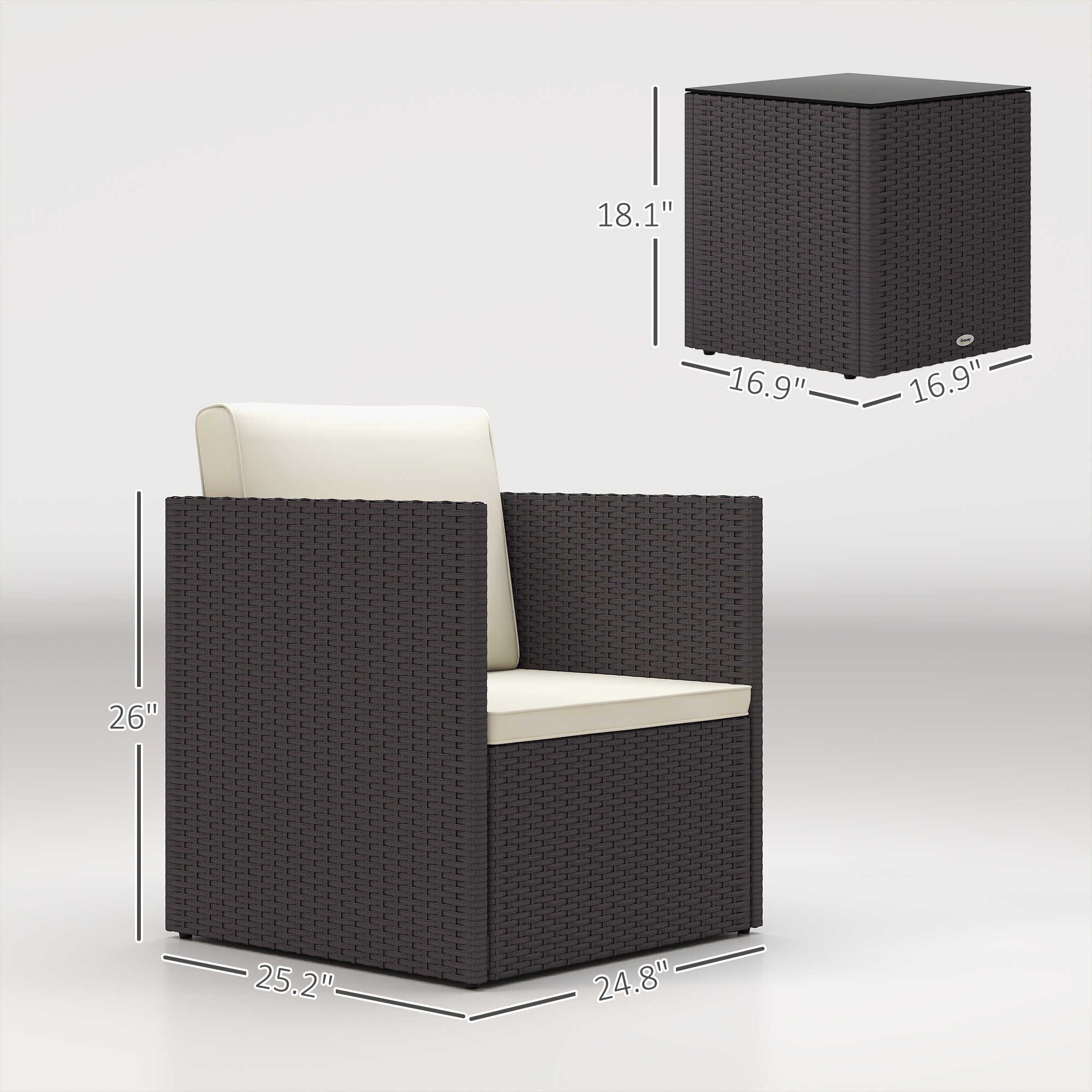 Folding Wicker Bistro Set, 3 Piece Patio Furniture Set with Cushions and Glass Coffee Table for Porch, Balcony