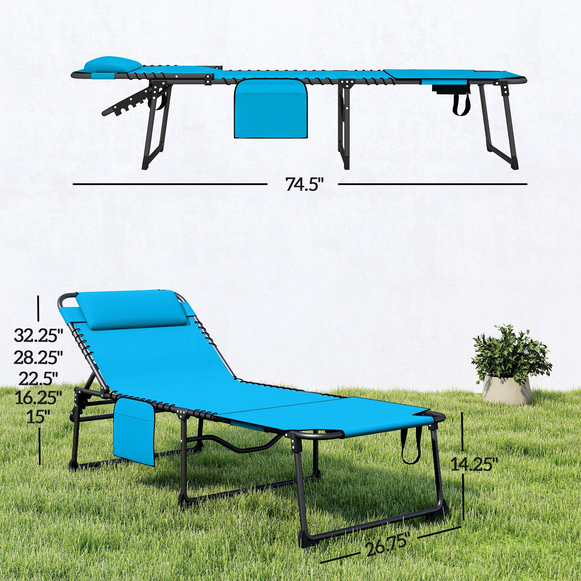 2 Piece Folding Chaise Lounge Pool Chairs with 5-level Reclining Back, Reading Hole, Side Pocket