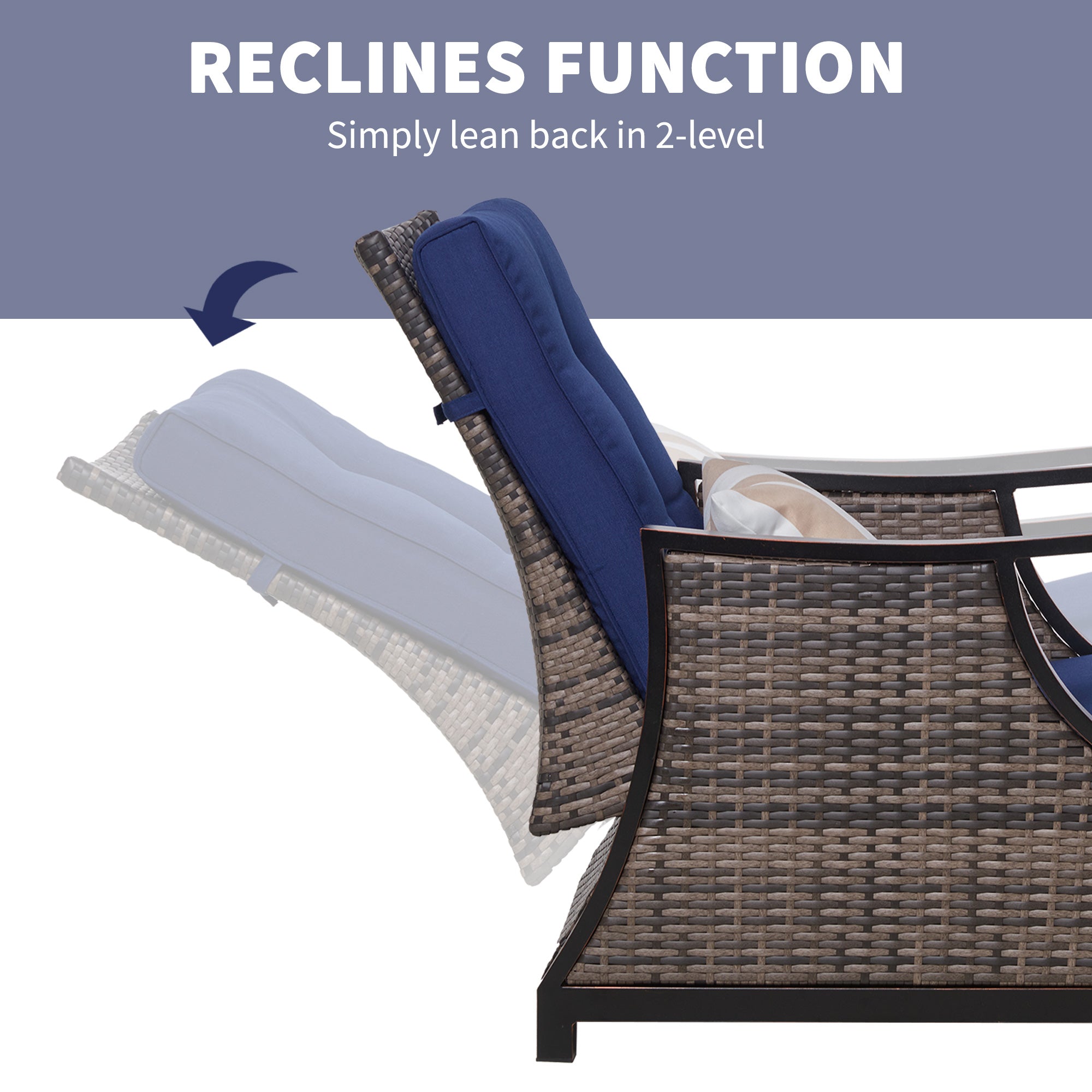 Outdoor Recliner Chair with Cushion, Rust-Resistant Aluminum Frames PE Wicker Patio Lounge Chaise Chair with Adjustable Reclining Backrest and Footrest, Pillow, Dark Blue