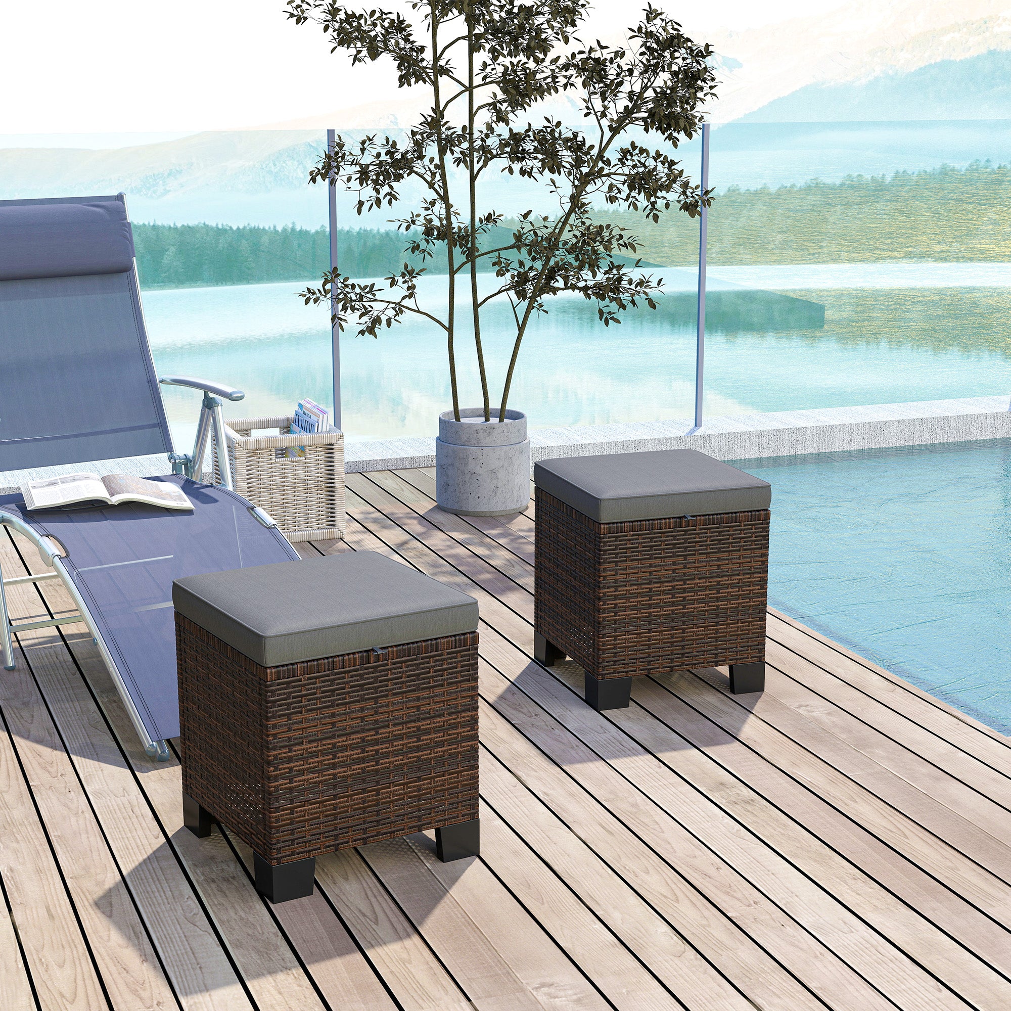 2 Piece Wicker Outdoor Ottomans with Cushions, Rattan Ottoman Footrest and Side Table for Patio, Yard, Poolside