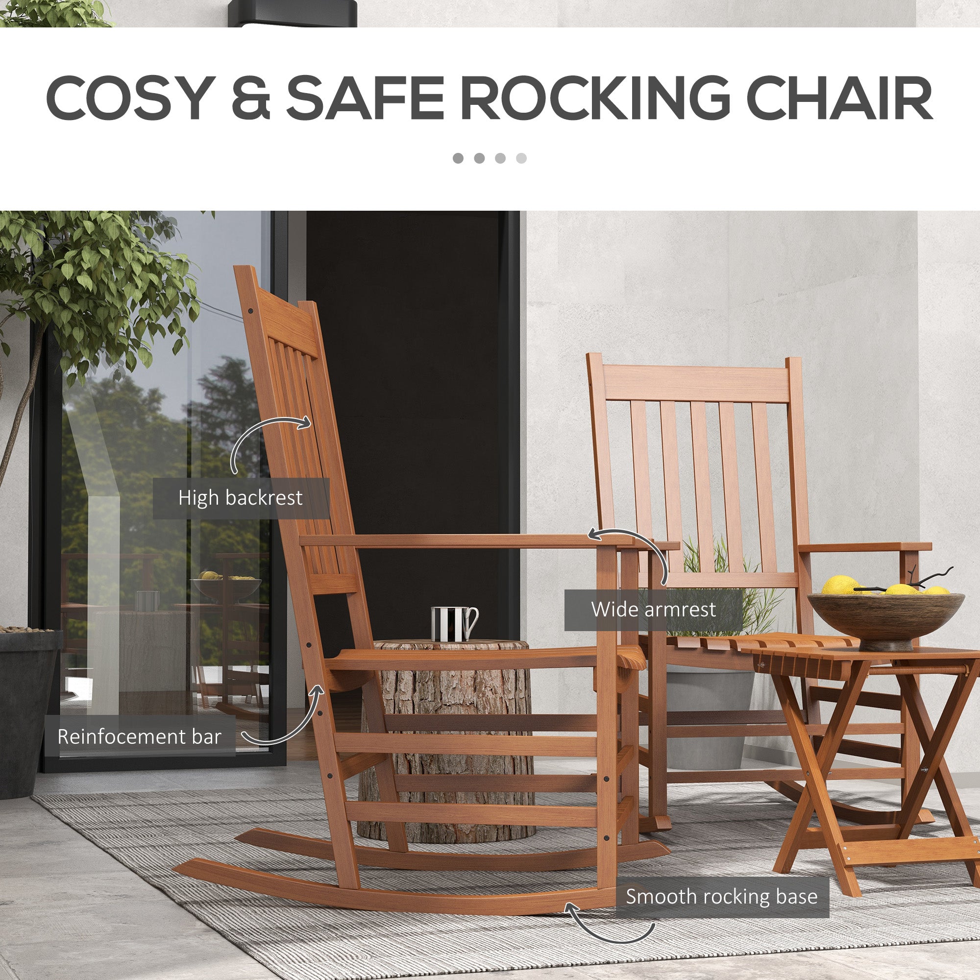 Outdoor Rocking Chair Set of 2 with Side Table, Patio Wooden Rocking Chair with Smooth Armrests, High Back for Garden, Balcony, Porch, Supports Up to 352 lbs.
