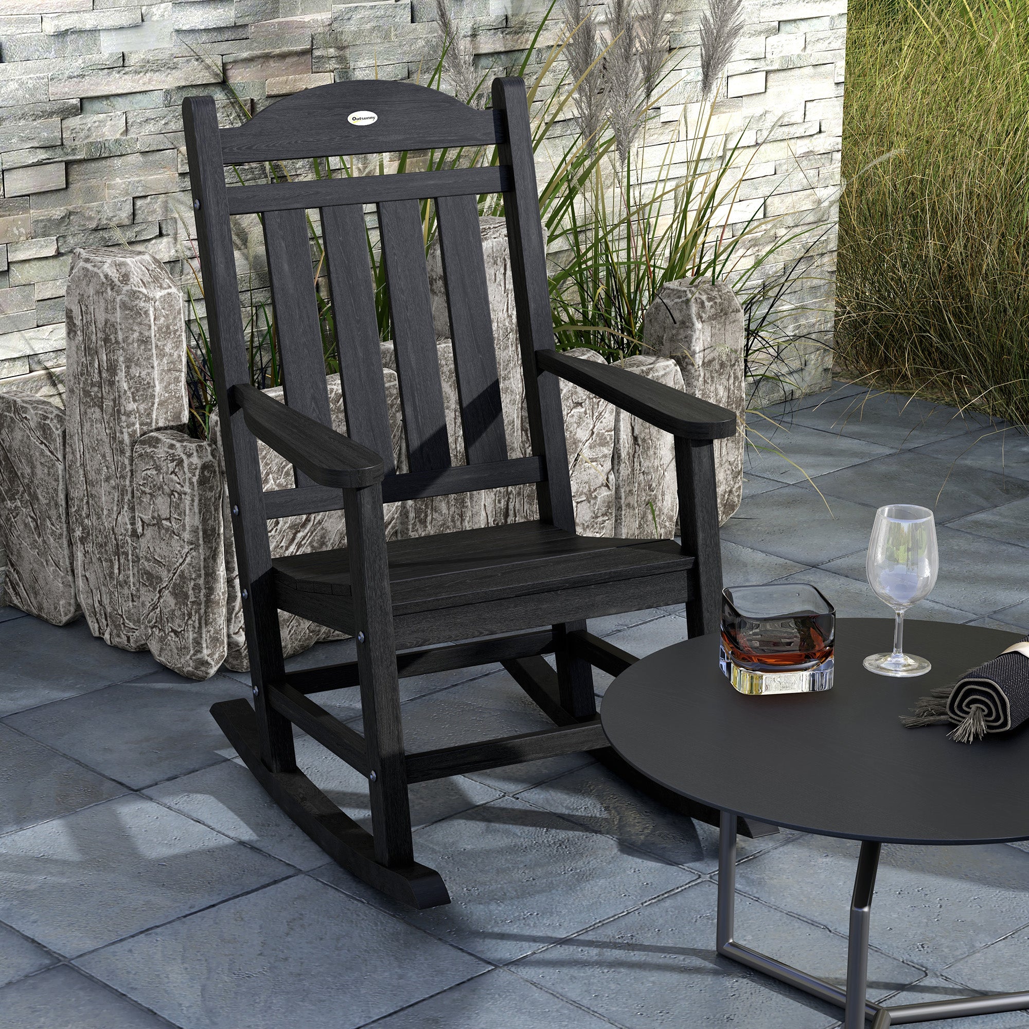 2PCs Outdoor Rocking Chair with Armrests, Fade-Resistant Waterproof HDPE for Indoor & Outdoor, Black