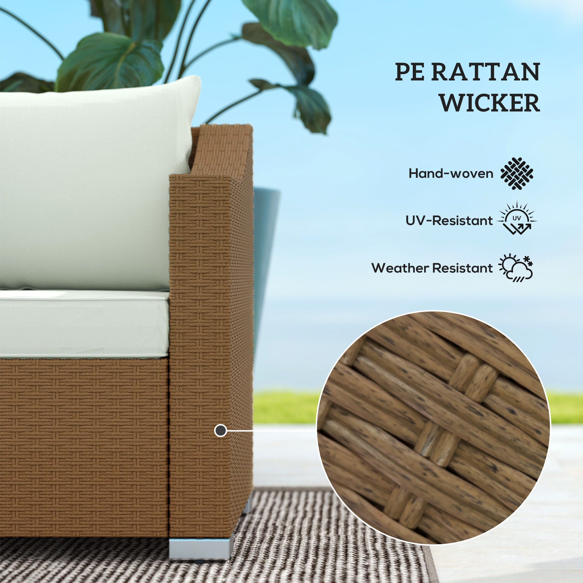 Rattan Wicker 3 Seater Patio Couch with Cushions, 2 Throw Pillows, Outdoor Furniture Rattan Sofa