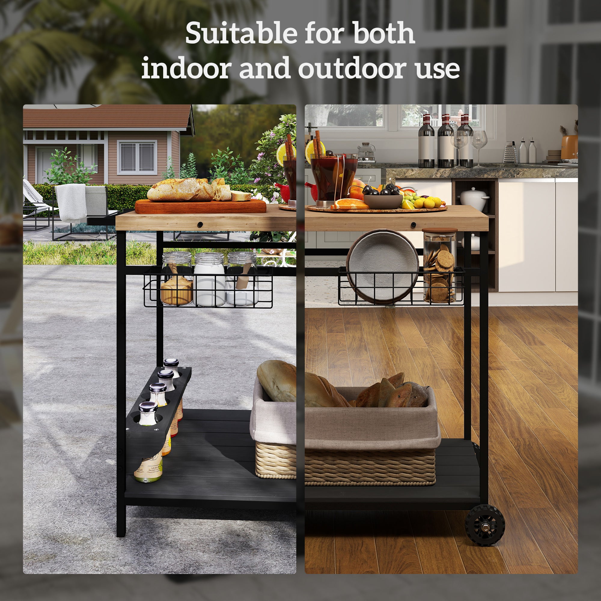Outdoor Bar Cart Patio Serving Cart with Wine Holders Natural