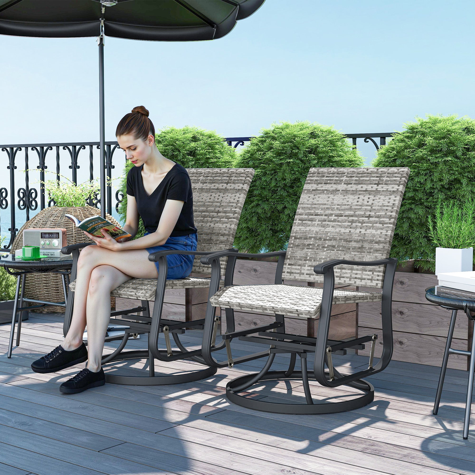 Wicker Rattan Swivel Patio Glider Chair Set of 2, Outdoor Glider Chair with Steel Frame, High Back, Armrests