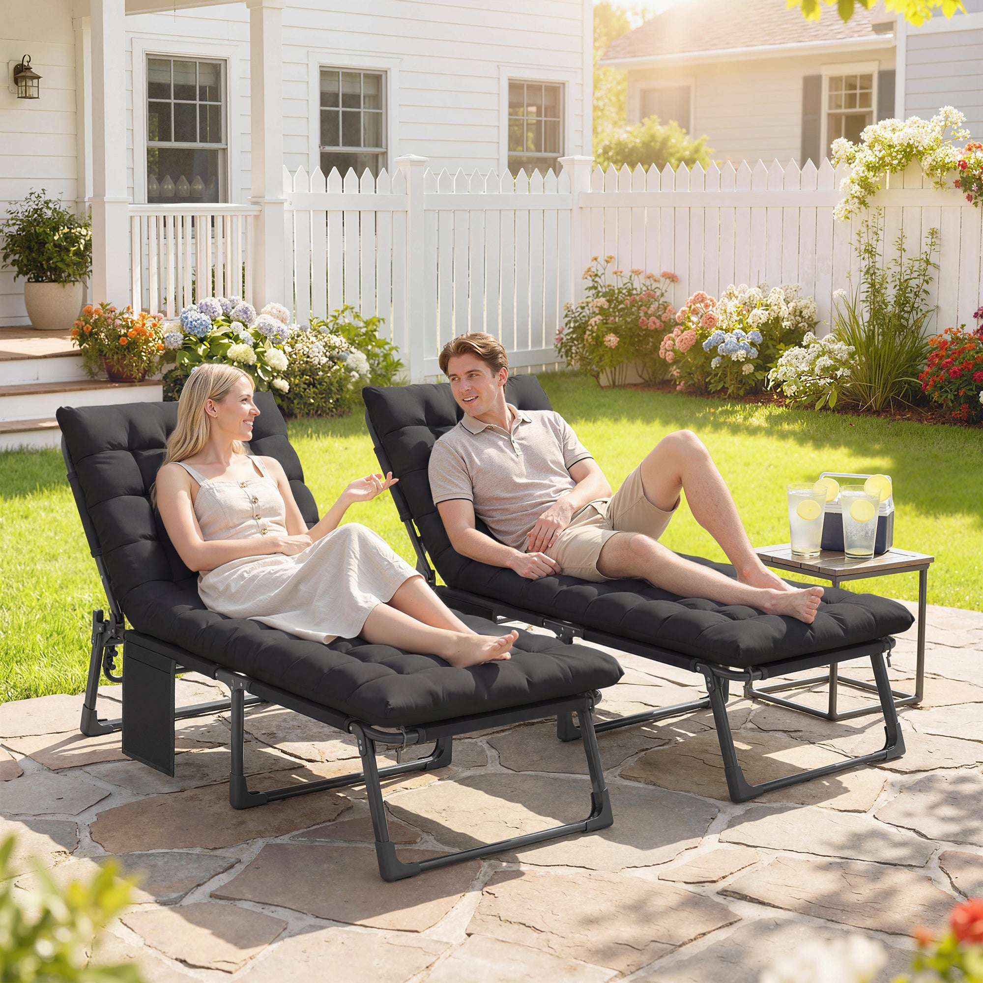 Folding Chaise Lounge Chair Outdoor Tanning Chair Set of 2 with 5-Position Backrest, Cushions, Side Pocket