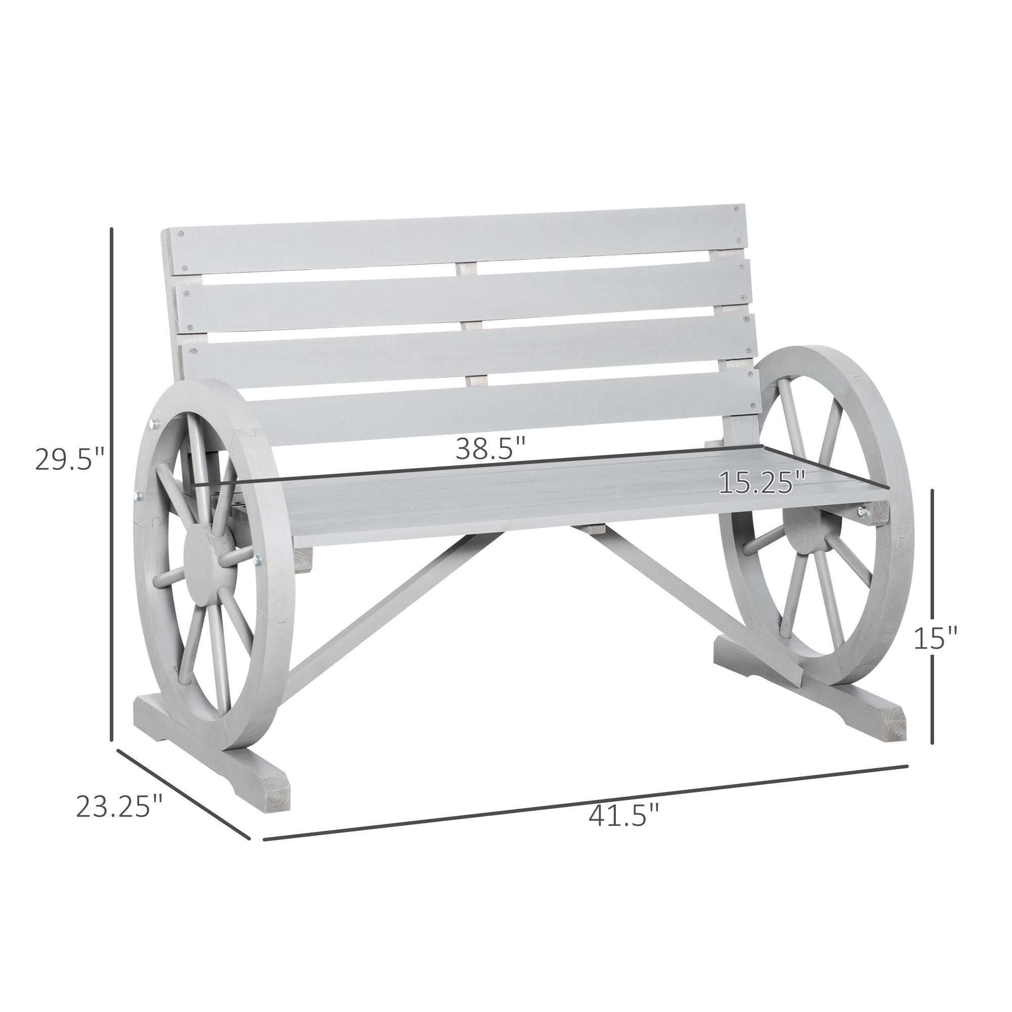 41" Wooden Wagon Wheel Bench, Rustic Outdoor Patio Weather Resistance Furniture, 2-Person Slatted Seat Bench with Backrest, Light Gray