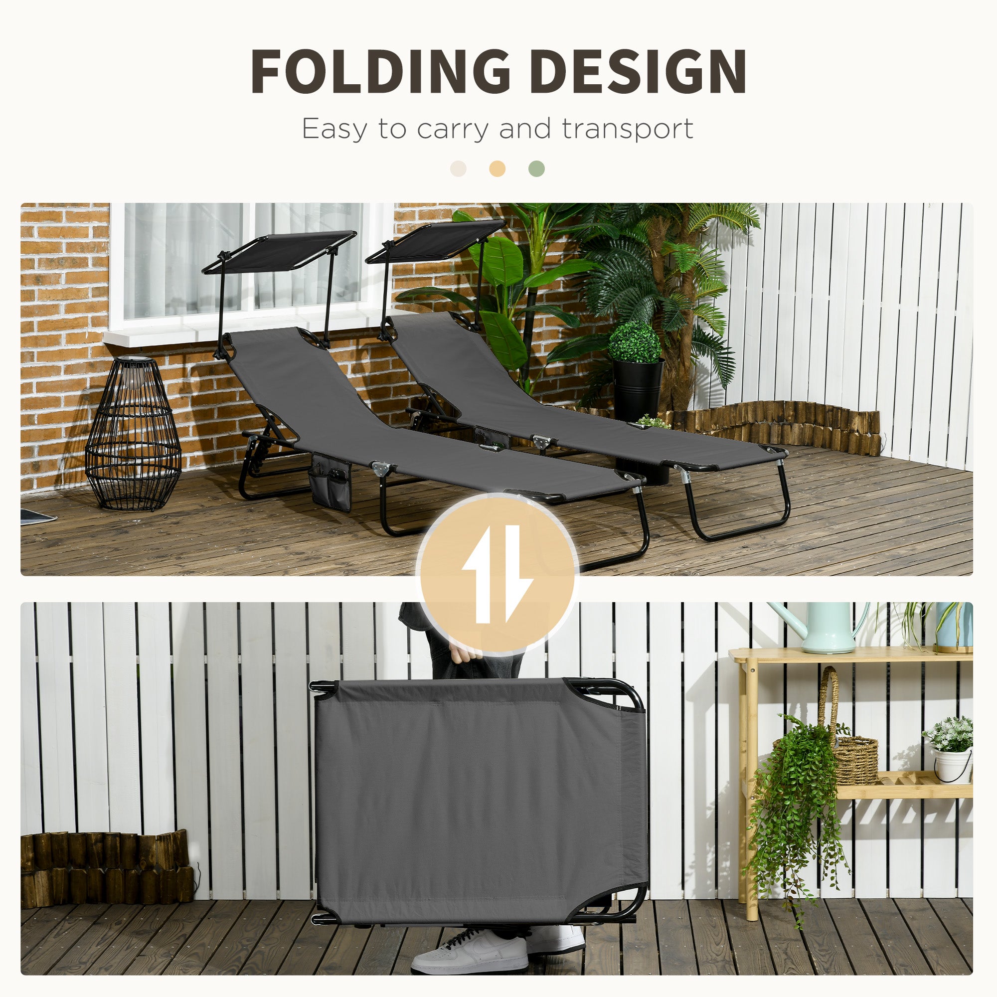 Chaise Pool Lounge Chairs Set of 2, Outdoor Sun Tanning Chairs, Reclining Back, Steel Frame and Side Pocket
