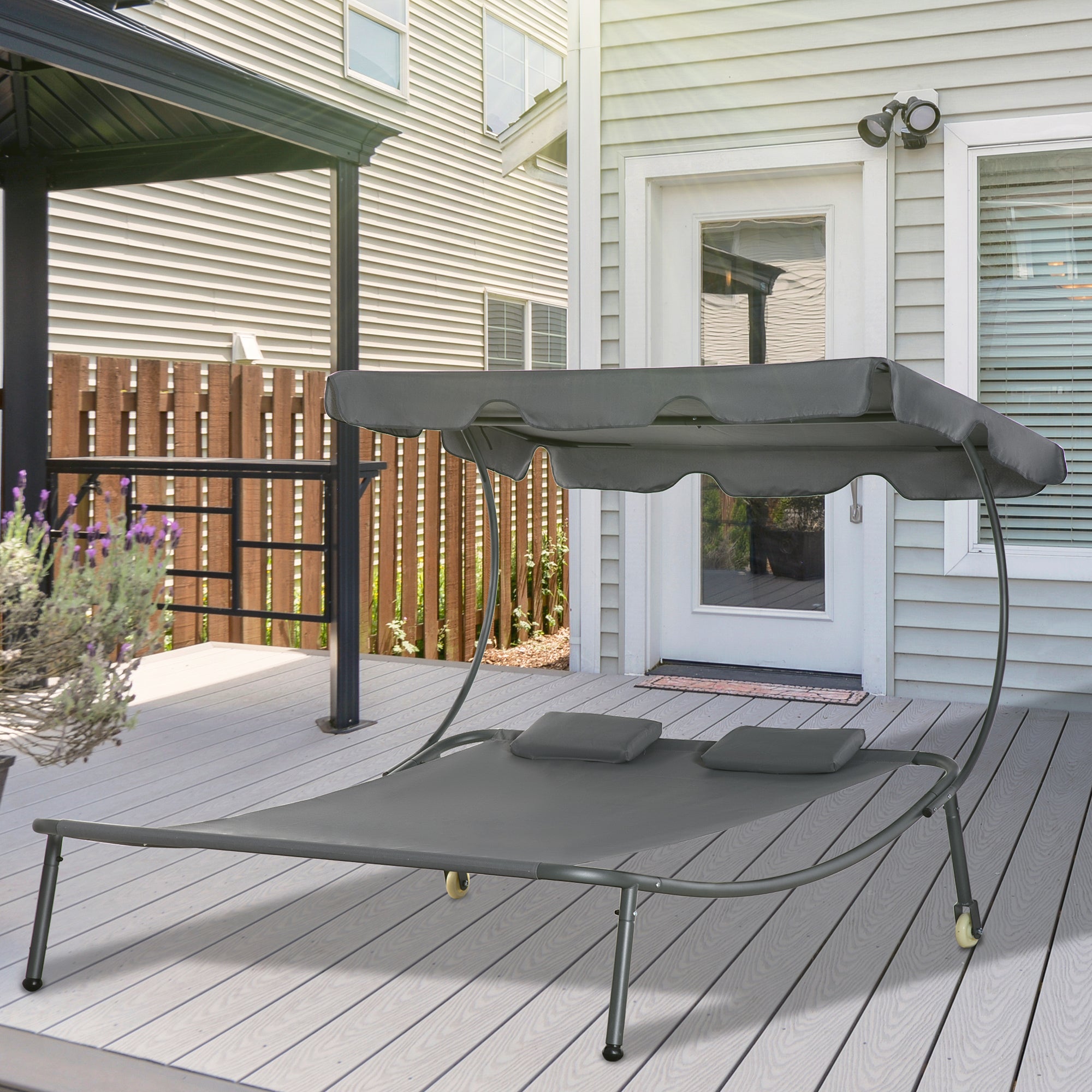 Patio Double Chaise Lounge Chair, Outdoor Wheeled Hammock Daybed with Adjustable Canopy and Pillow for Sun Room, Garden, or Poolside, Grey