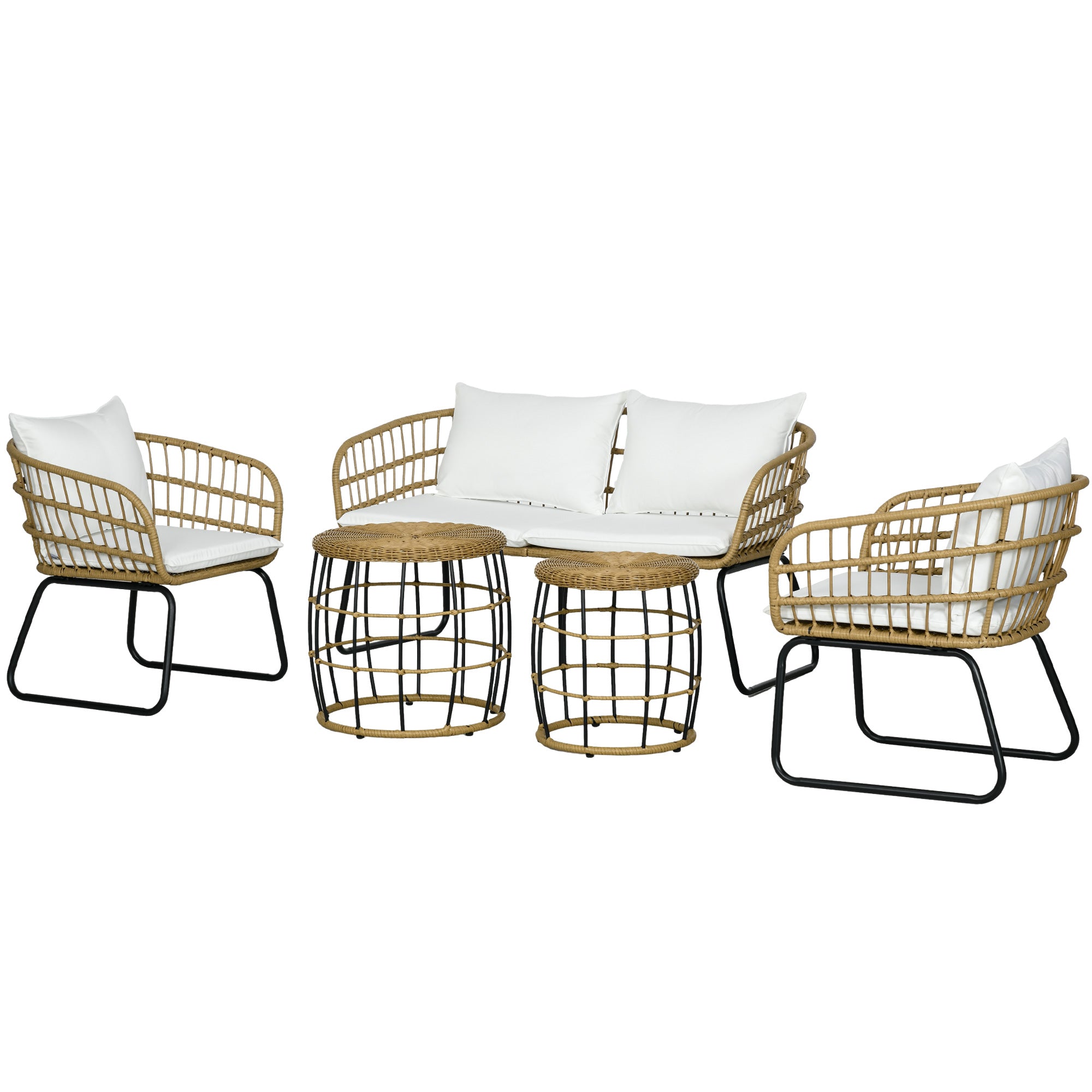 5 Piece PE Rattan Outdoor Furniture Set with Cushioned Chairs, Loveseat Sofa & Stackable Coffee Tables