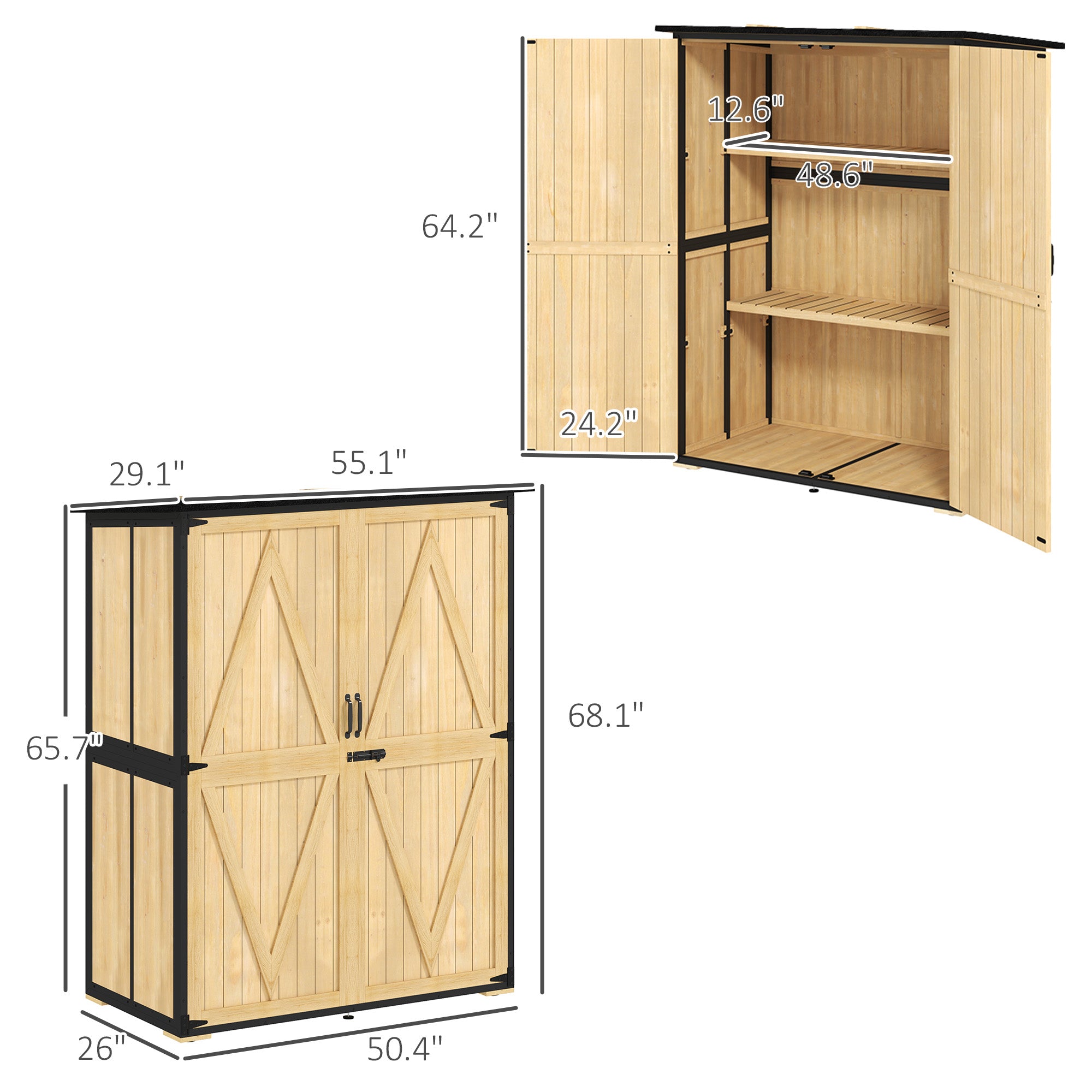 Wood Storage Shed, Outdoor Garden Shed with Asphalt Roof, 2 Shelves, Lockable Doors and Adjustable Feet