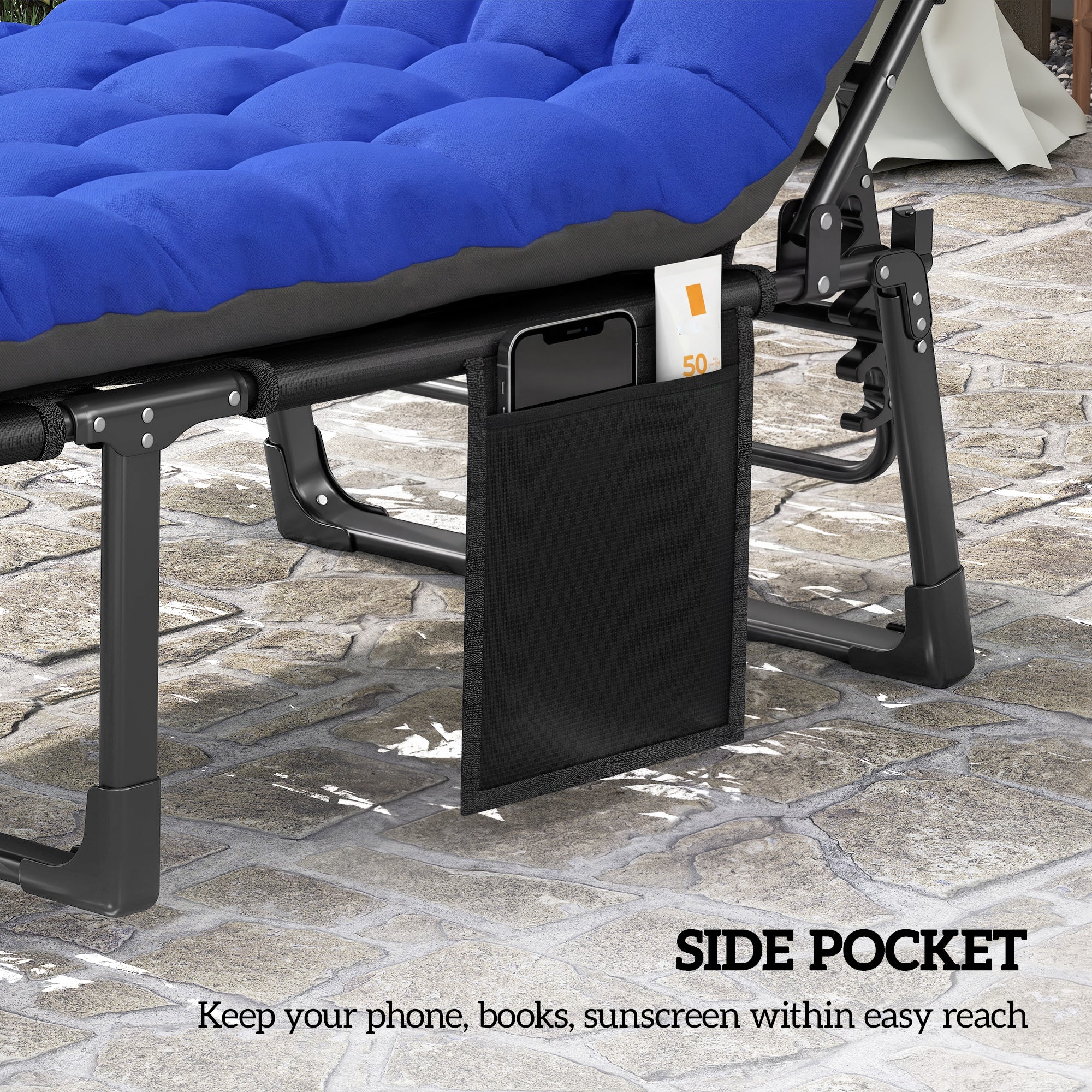 Folding Chaise Lounge Chair Outdoor Tanning Chair with 5-Position Backrest, Cushion, Side Pocket
