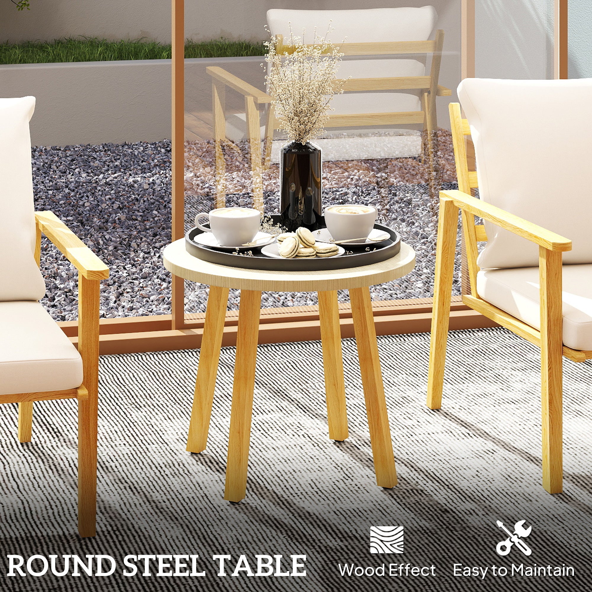 3 Piece Outdoor Bistro Set, Wood Effect Metal Patio Set with Wide and Deep Chairs, Round Table, Cushions, Cream White