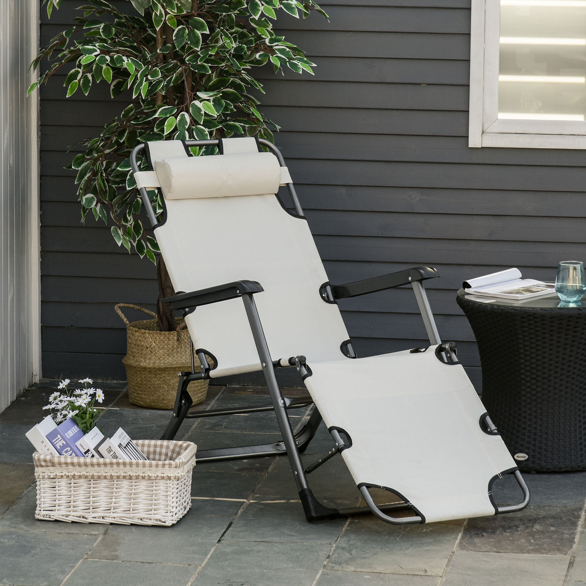 Oxford Fabric Metal Frame Outdoor Pool Sun Lounger Lounge Chair 120°/180°