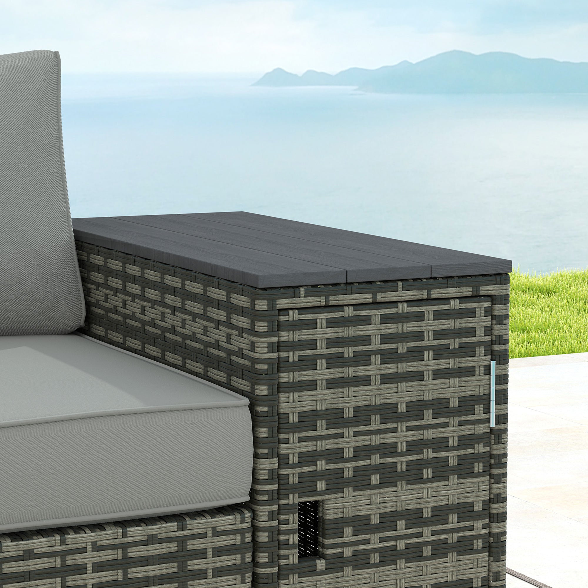 3 Seater Wicker Outdoor Couch Patio Sofa with Storage, Thickened Cushions and Wide Armrests for Porch Yard, Gray