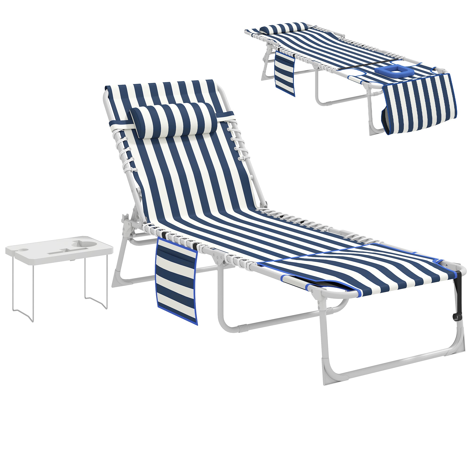 Tanning Chair with Face Hole and Side Table, 5-Position Folding Outdoor Chaise Lounge Chair