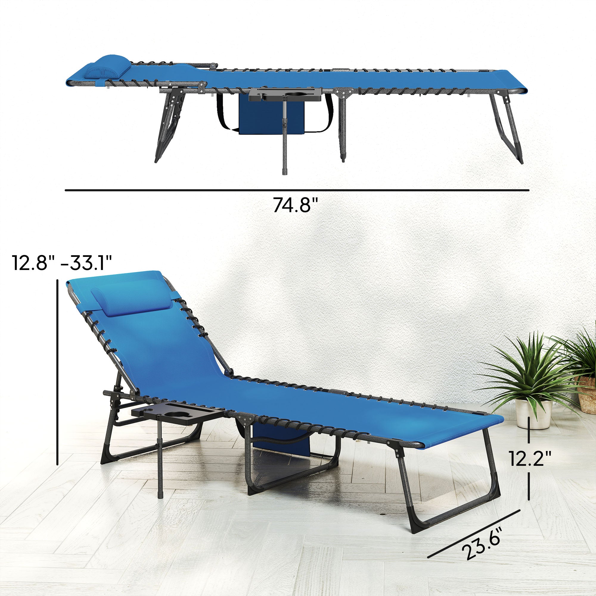 Folding Outdoor Chaise Lounge Chair Tanning Chair with 5-Level Adjustable Back, Side Table, Pillow, Pocket
