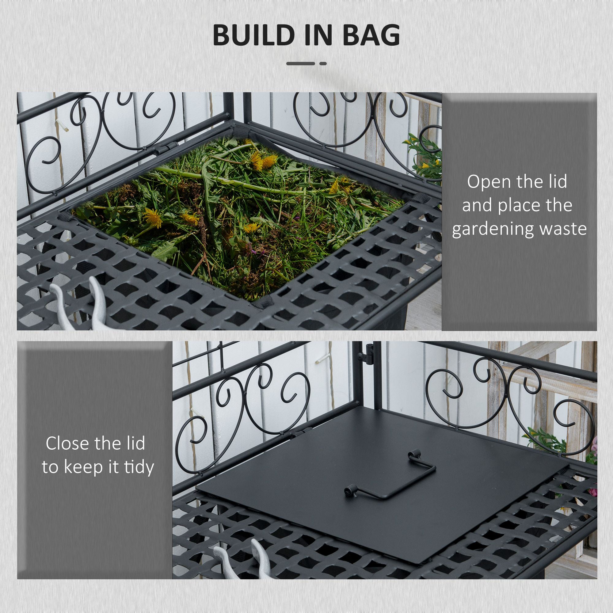 Folding Potting Bench Table, Metal Garden Workstation, Work Bench with Large Build-In Bag with Cover, 5 Hanging Hooks & Storage Shelf, Flourishes