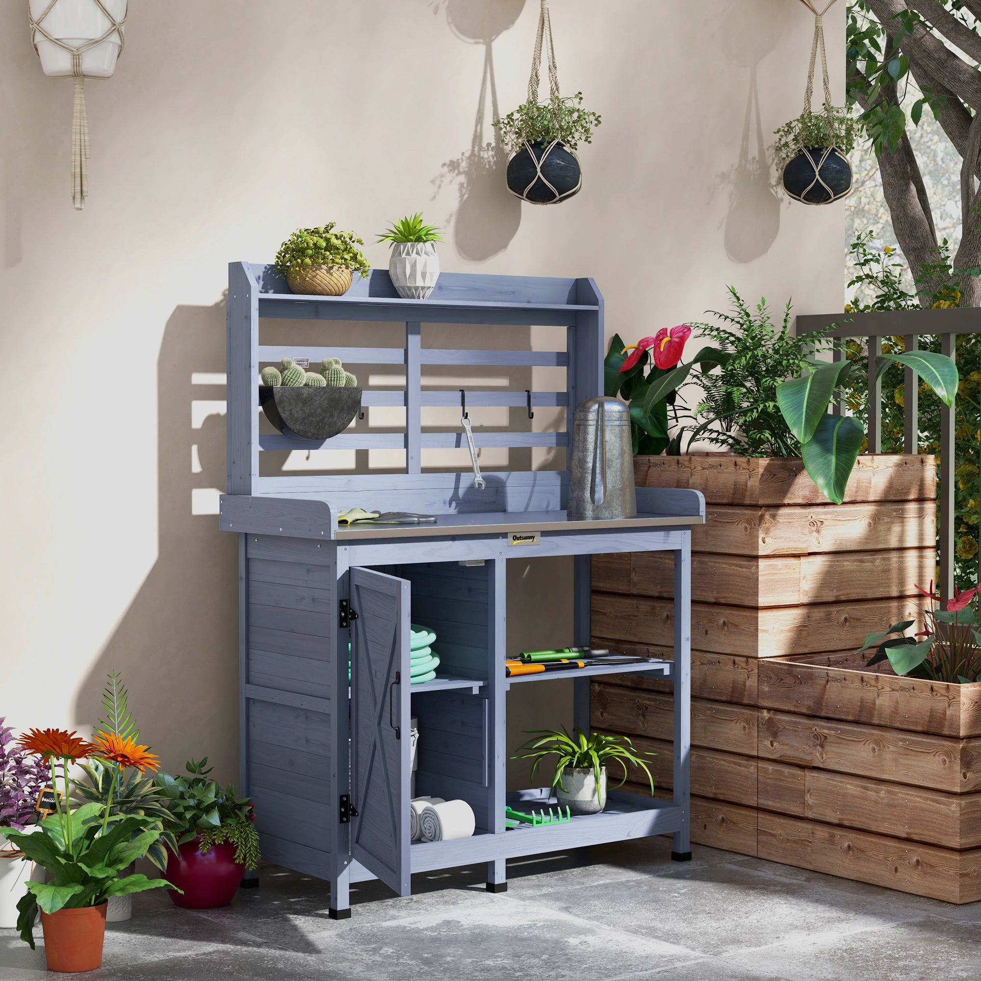 Wooden Potting Bench with Storage, Aluminum Tabletop for Backyard, Patio, Balcony
