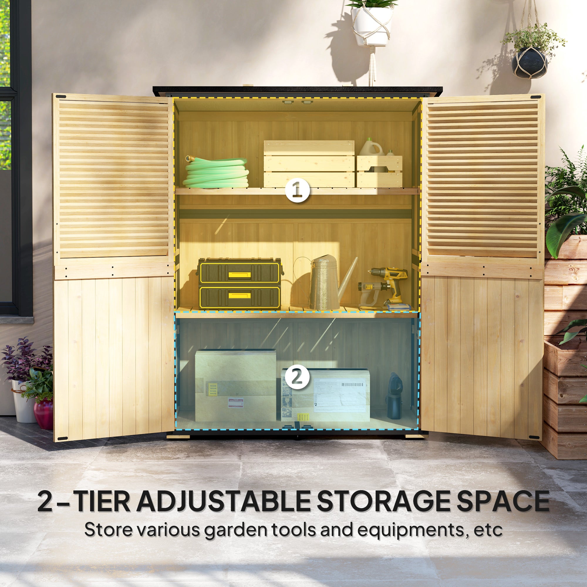 Wood Storage Shed, Outdoor Garden Shed with Asphalt Roof, 2 Shelves, Lockable Doors and Adjustable Feet