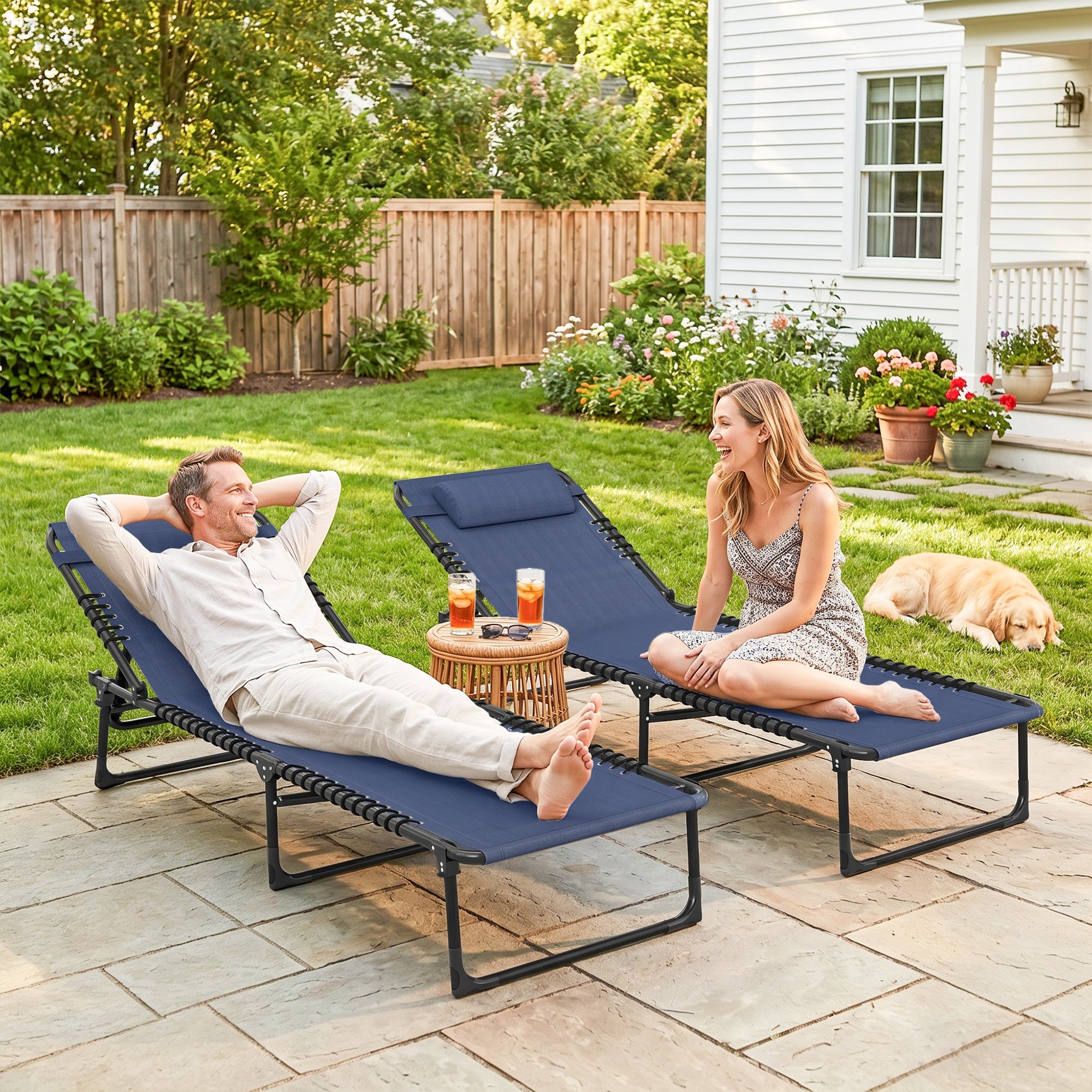 2 Folding Chaise Lounge Pool Chairs with 4-Position Reclining Back, Pillow, Breathable Mesh & Bungee Seat