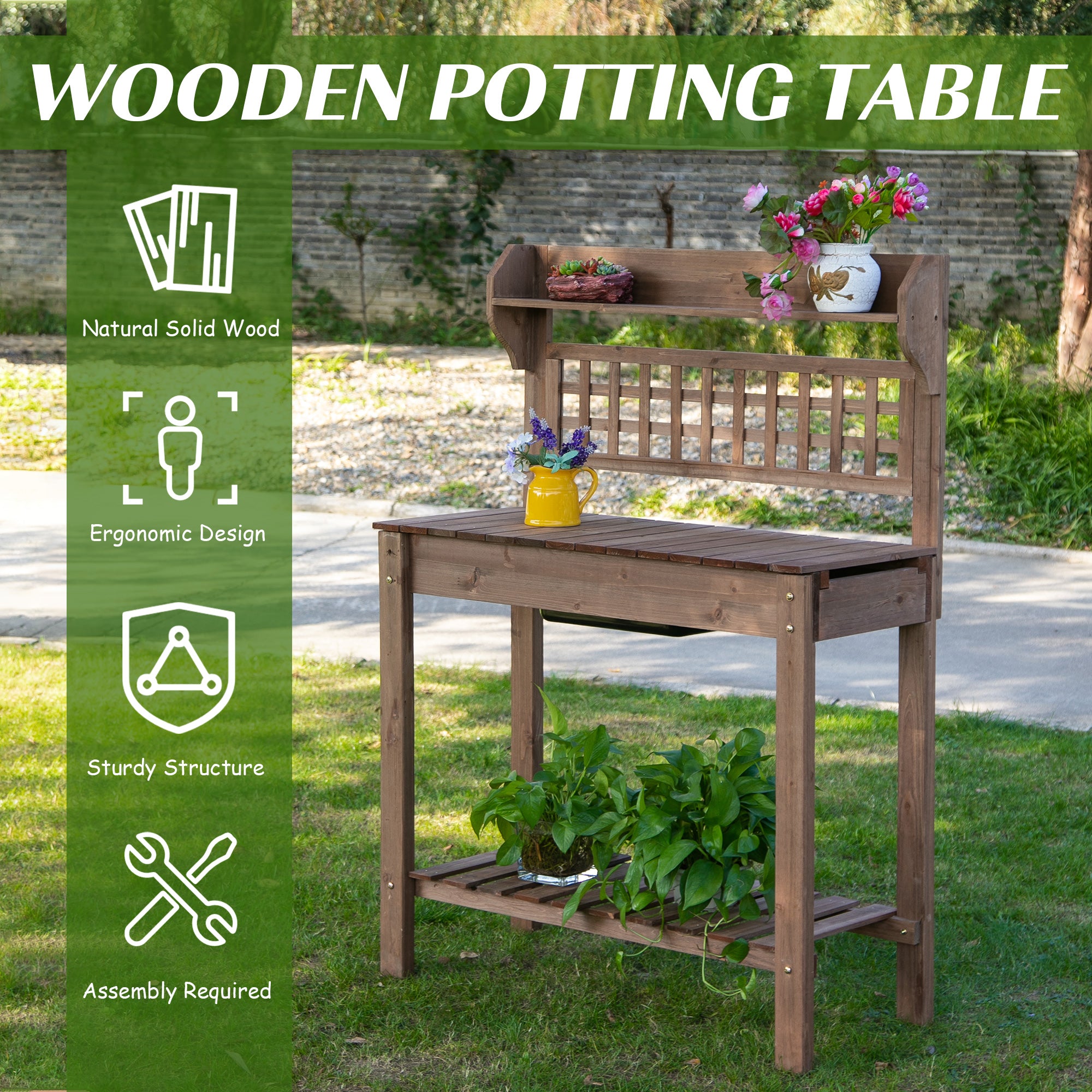 Outdoor Potting Bench Table, Wooden Workstation with Sliding Tabletop, Storage Shelf and Dry Sink, for Greenhouse, Garden, Patio