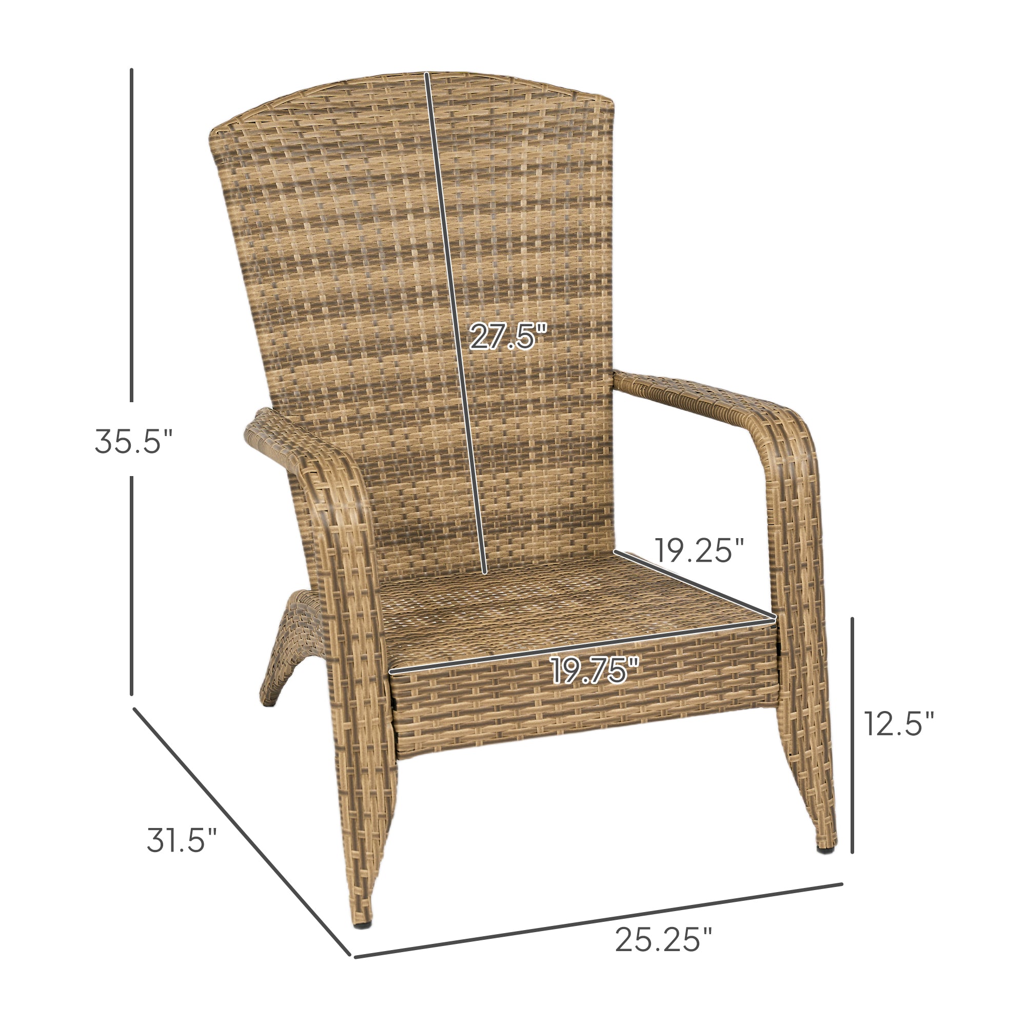 Patio Adirondack Chair with Rattan Wicker, Soft Cushions, Tall Curved Backrest for Deck or Garden