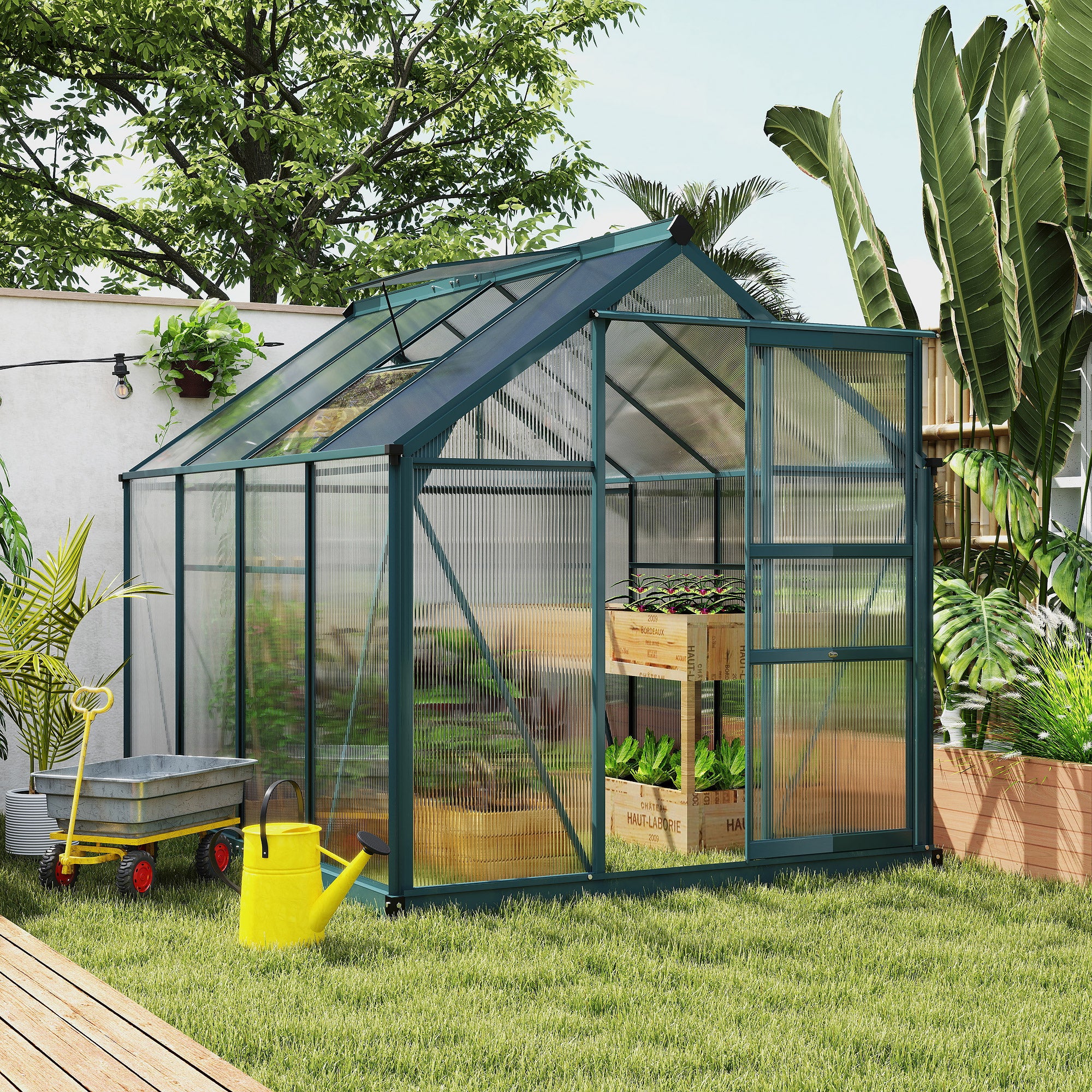 6' x 8' Outdoor Greenhouse with Rain Gutter and Roof Vent for Patio Backyard Dark Green