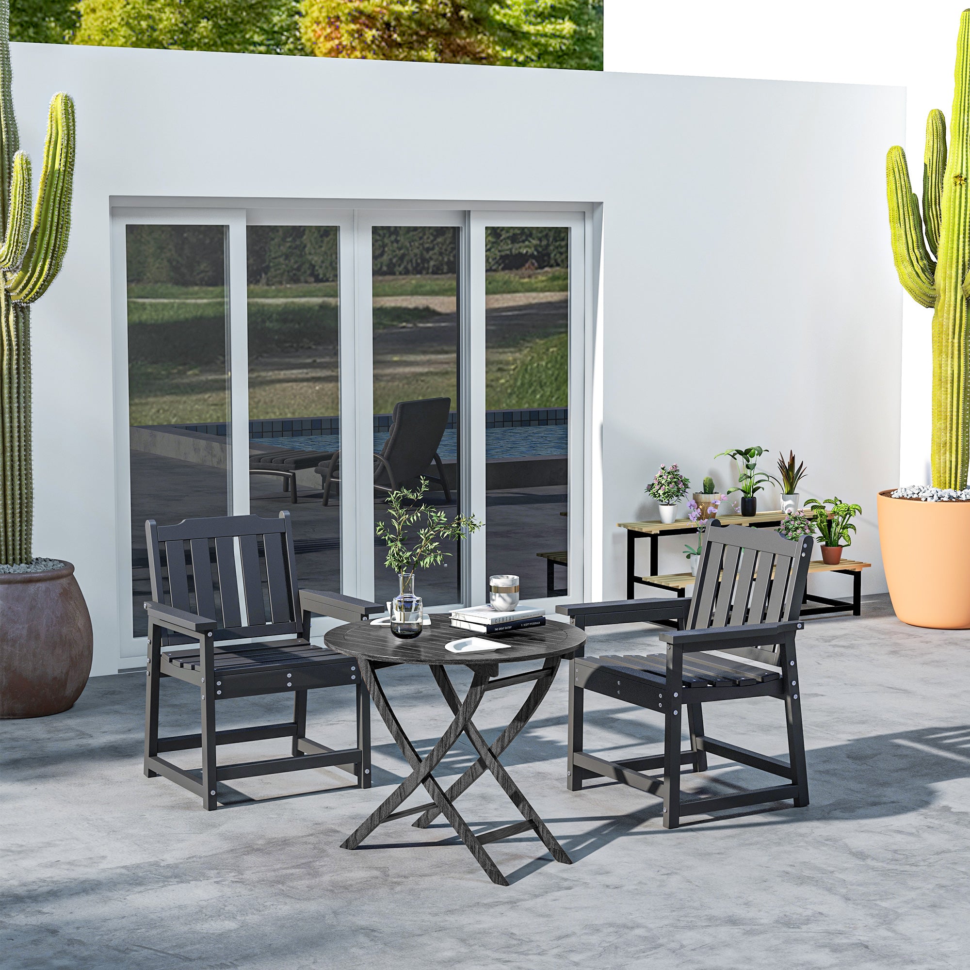 2 Piece All-Weather Patio Chairs, HDPE Patio Dining Chair Set, Heavy Duty Wood-Like Outdoor Furniture