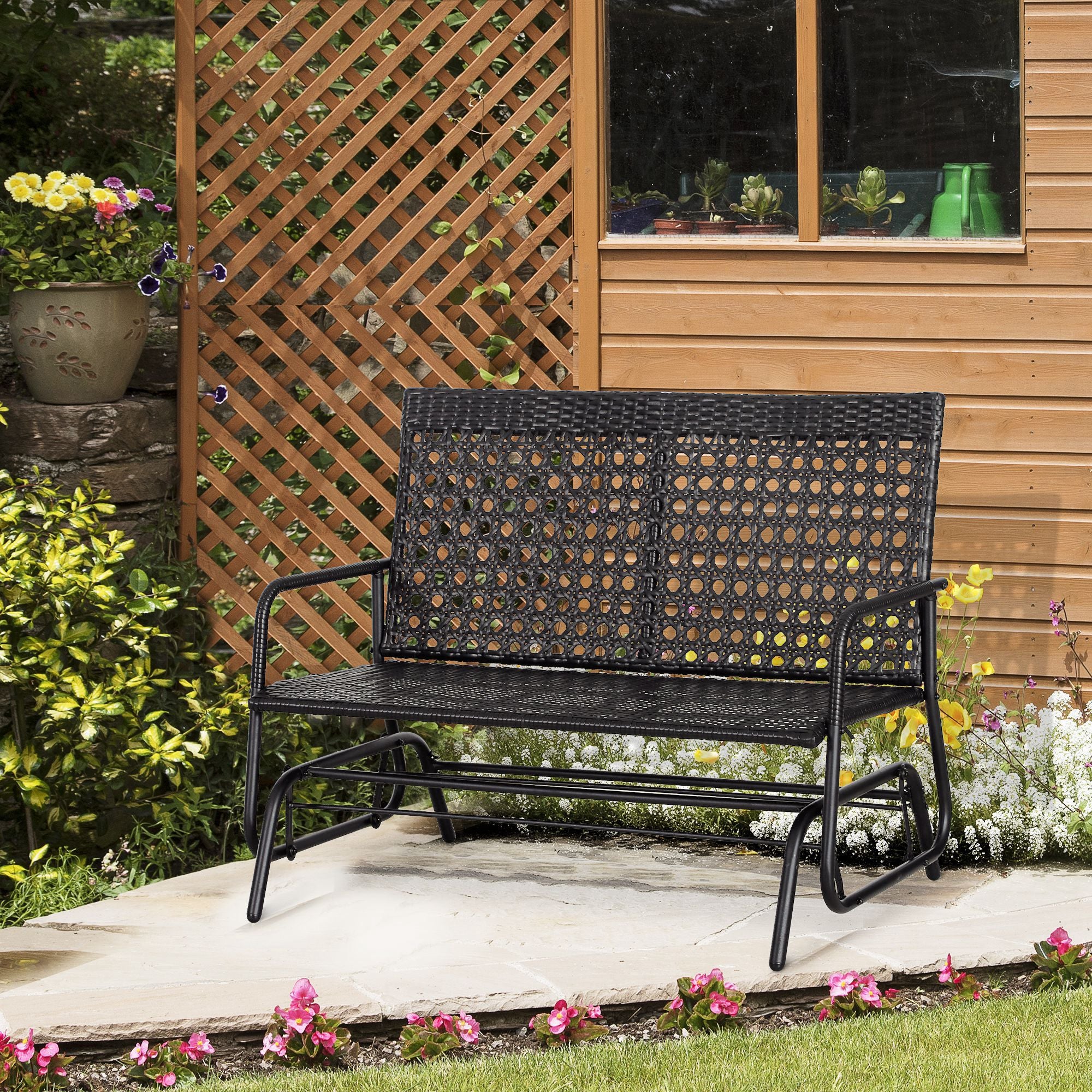 Patio 2-Person Wicker Glider Bench Rocking Chair, Outdoor All-Hand Woven PE Rattan Loveseat w/ Ergonomic Design Rocking System for Patio, Garden, Porch, Lawn, Black